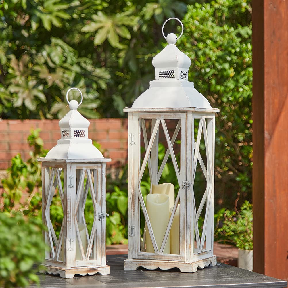 Glitzhome Farmhouse White Wood and Metal Hanging Candle Lanterns - Set of 2 Rustic Home Decor for Indoor/Outdoor, Patio, Garden, Wedding & Holiday Decorations