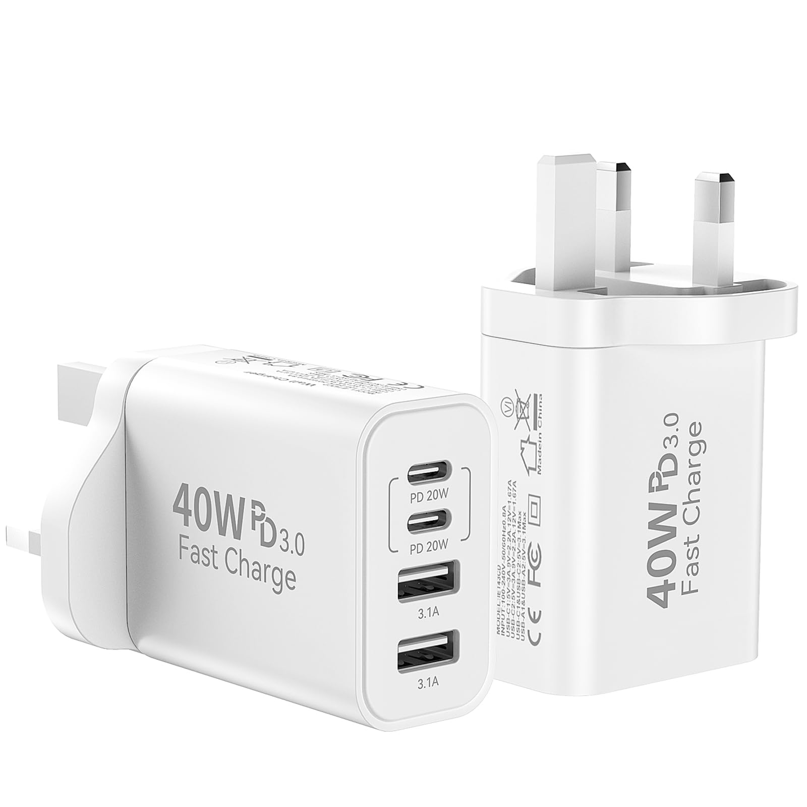 40W 4-Port USB C Fast Charger Plug with UK PD & QC 3.0 - Dual Pack Wall Charger for iPhone 15/14/13/12/11 Pro Max/SE/XS/XR, Samsung Galaxy, iPad, AirPods - Perfect for Home, Office & Travel Charging Multiple Devices Simultaneously