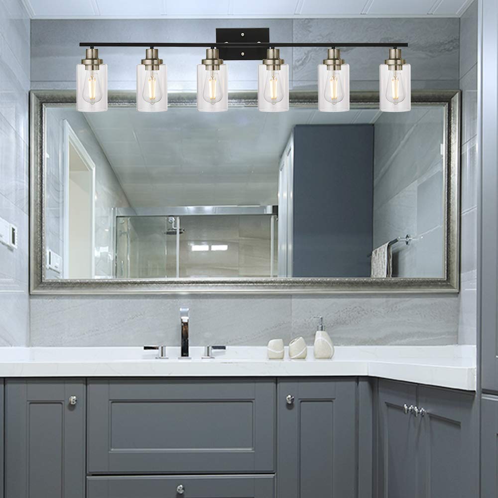 MELUCEE 6-Light Black Vanity Light Fixture - Brushed Nickel Finish with Clear Glass Shade - Modern Bathroom Wall Lighting for Dressing Table, Bedroom Vanity & Makeup Area - Perfect for Home Spa, Powder Room & Luxury Bathroom Decor