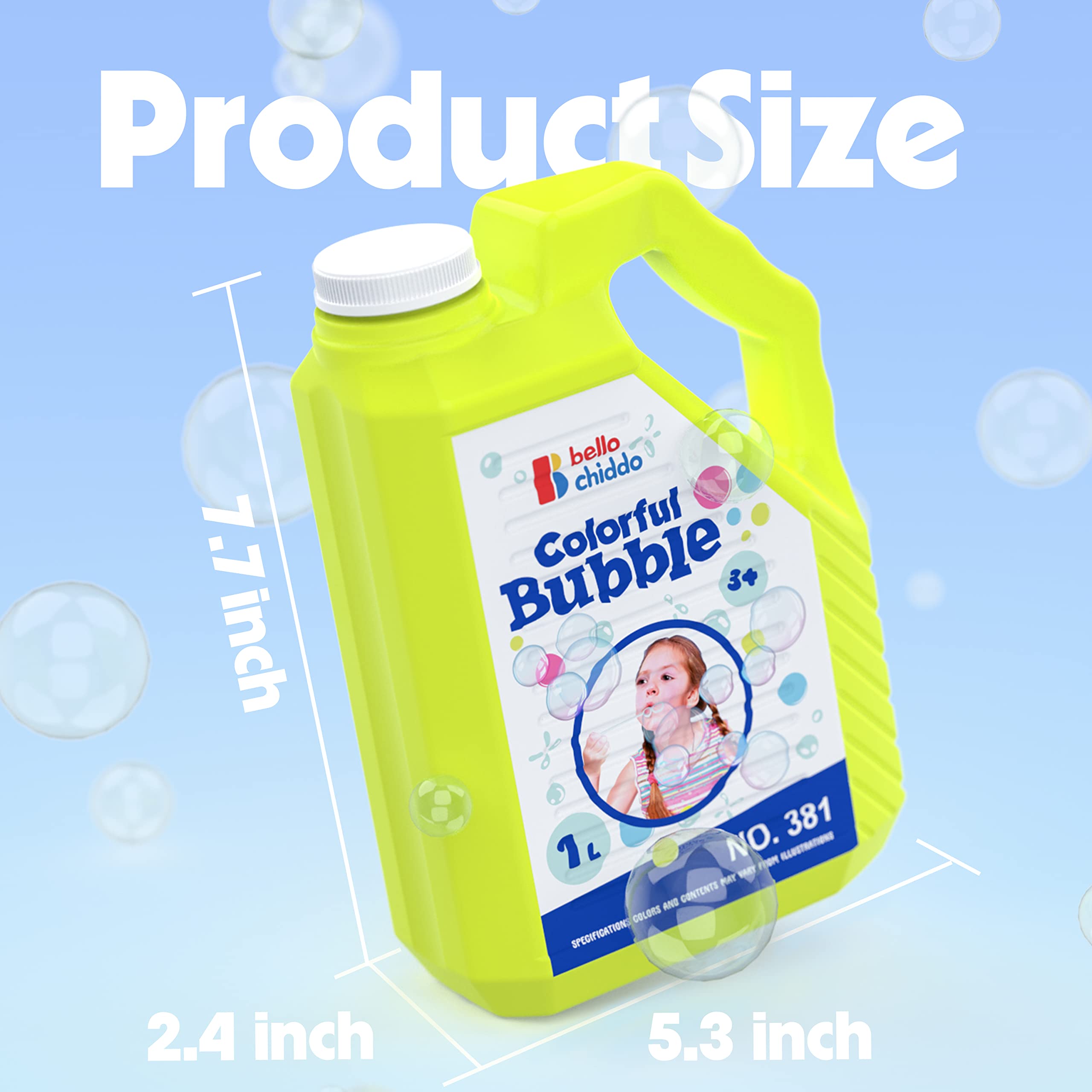 BELLOCHIDDO Bubble Solution Refill 1L/33.8 oz - Large Size for Bubble Guns, Wands, Blowers & Machines - Non-Toxic Bubble Liquid for Kids Ages 3+ (Yellow) - Perfect for Outdoor Play, Birthday Parties & Backyard Fun