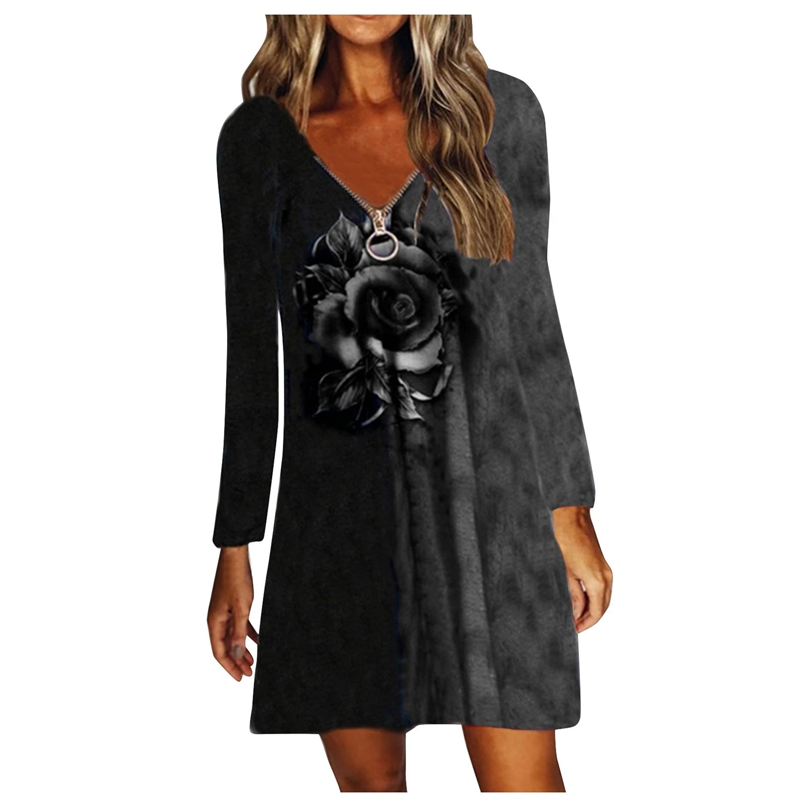 HHPP Women's Floral Print V-Neck Long Sleeve Midi Dress - Spring Fashion Petite Dress with Zipper Detail | Perfect for Office Wear, Date Night & Special Occasions