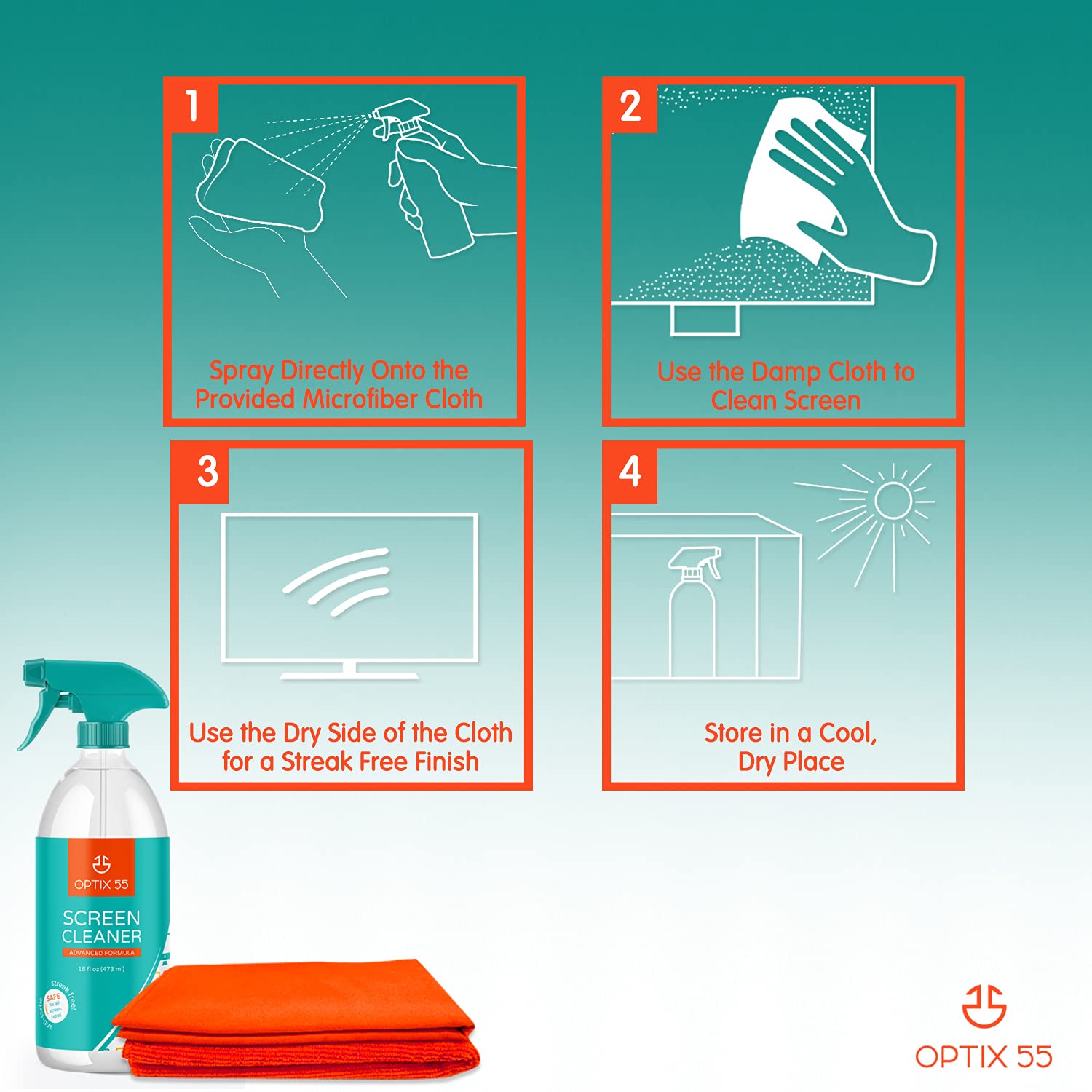 16oz Screen Cleaner Spray Kit with 2 Microfiber Cloths (15x15) - Safe for TV, Monitor, Laptop, Tablet & Phone Screens - LCD/LED Electronic Device Cleaning Solution for Home & Office Use