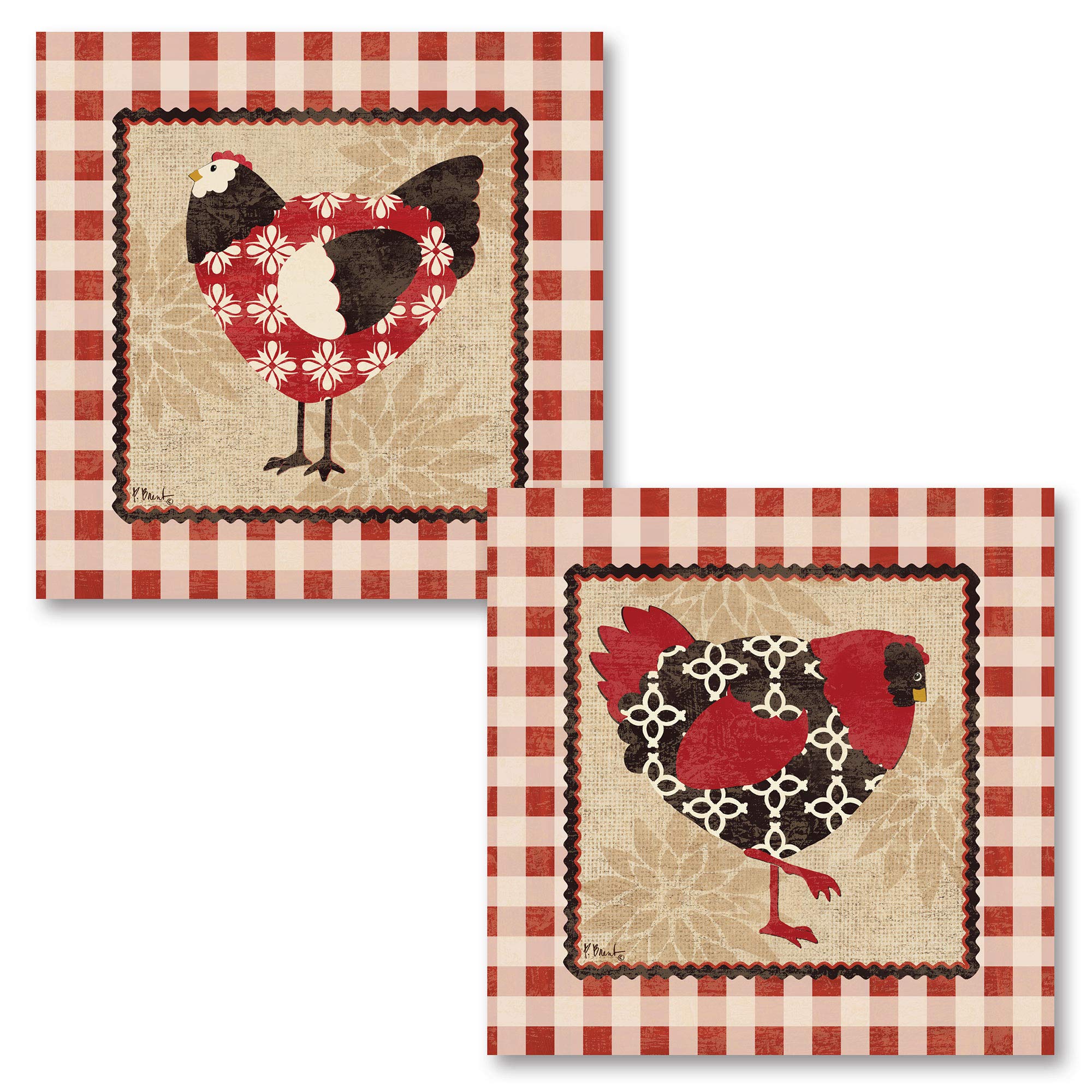 Gango Home Decor 2-Piece Barnyard Red and Black Chicken Rooster Wall Art - 12x12 Inch Farmhouse Kitchen Decor - Rustic Countryside Theme for Dining Room, Country Kitchen & Farmhouse Style Homes