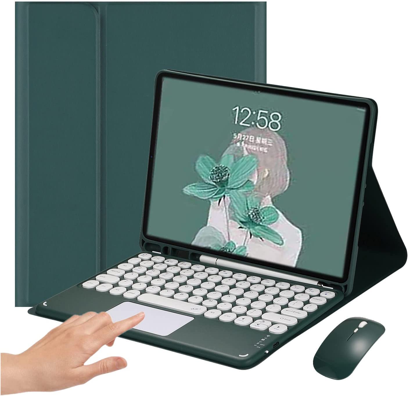 iPad Mini 7 (A17 Pro) & 6th/7th Gen Detachable Touch Keyboard Case with Retro Round Keys & Mouse Touchpad - Dark Green Cute Cover for Work, Study & Travel