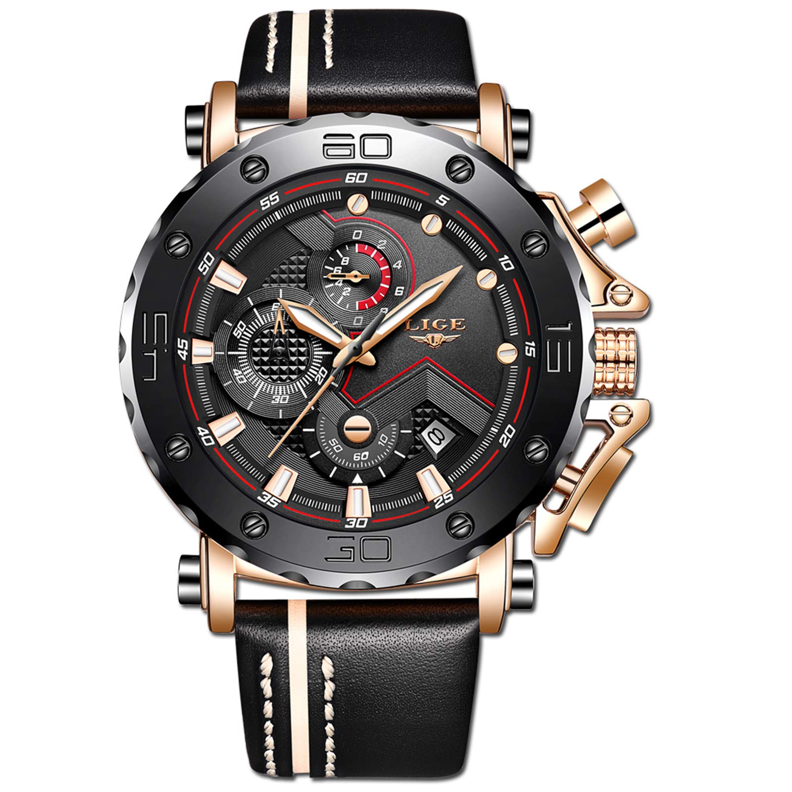 LIGE Men's Waterproof Sports Chronograph Watch - Luxury Military Analog Quartz Watch with Leather Strap & Large Dial - Perfect for Outdoor Activities, Casual Wear & Business Occasions
