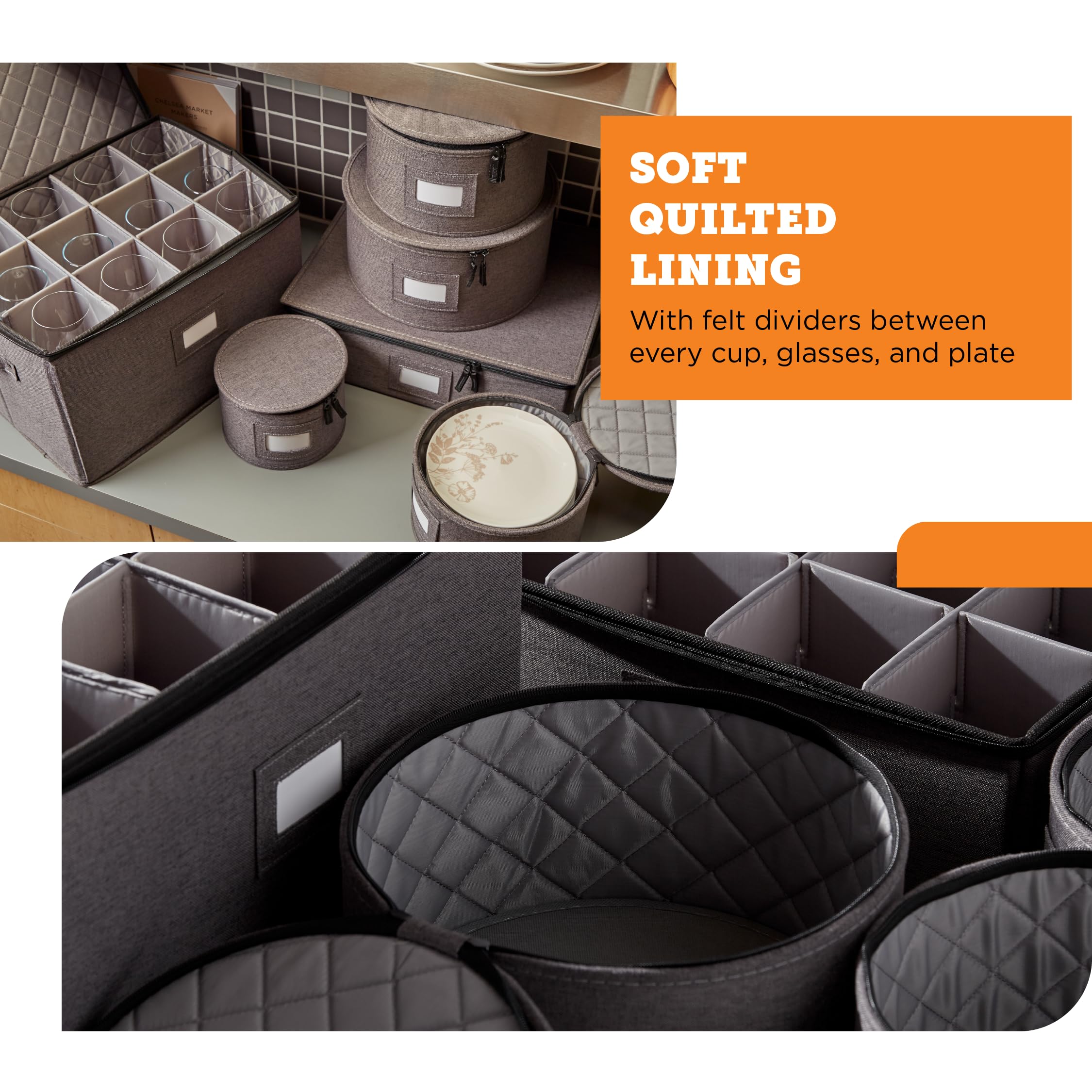 storageLAB Hard Shell Storage Containers with Felt Dividers - 6-Piece Gray Set for Charger Plates, Dishes & Fine China | Perfect for Kitchen Organization, Moving Supplies & Home Storage Solutions