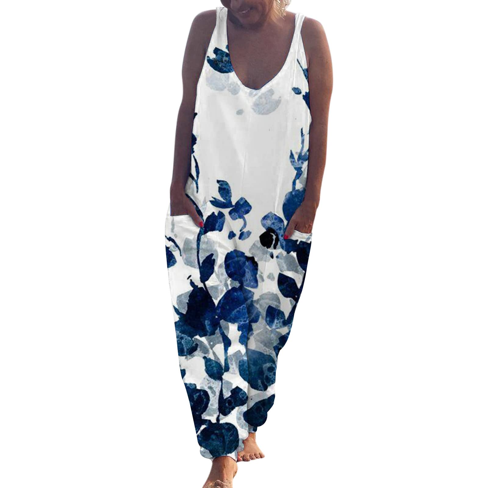 Women's Floral Print Sleeveless Jumpsuit - V Neck Casual Summer Romper with Pockets, Regular Fit Overalls (Navy, Medium) | Perfect for Beach Vacations, Outdoor Parties & Daily Wear