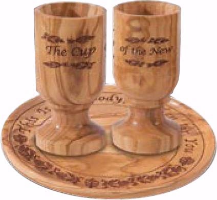 Holy Land Gifts Communion Set - Handcrafted Olivewood Plate & 2 Cups in Gift Box for Christian Communion, Baptism & Church Ceremonies