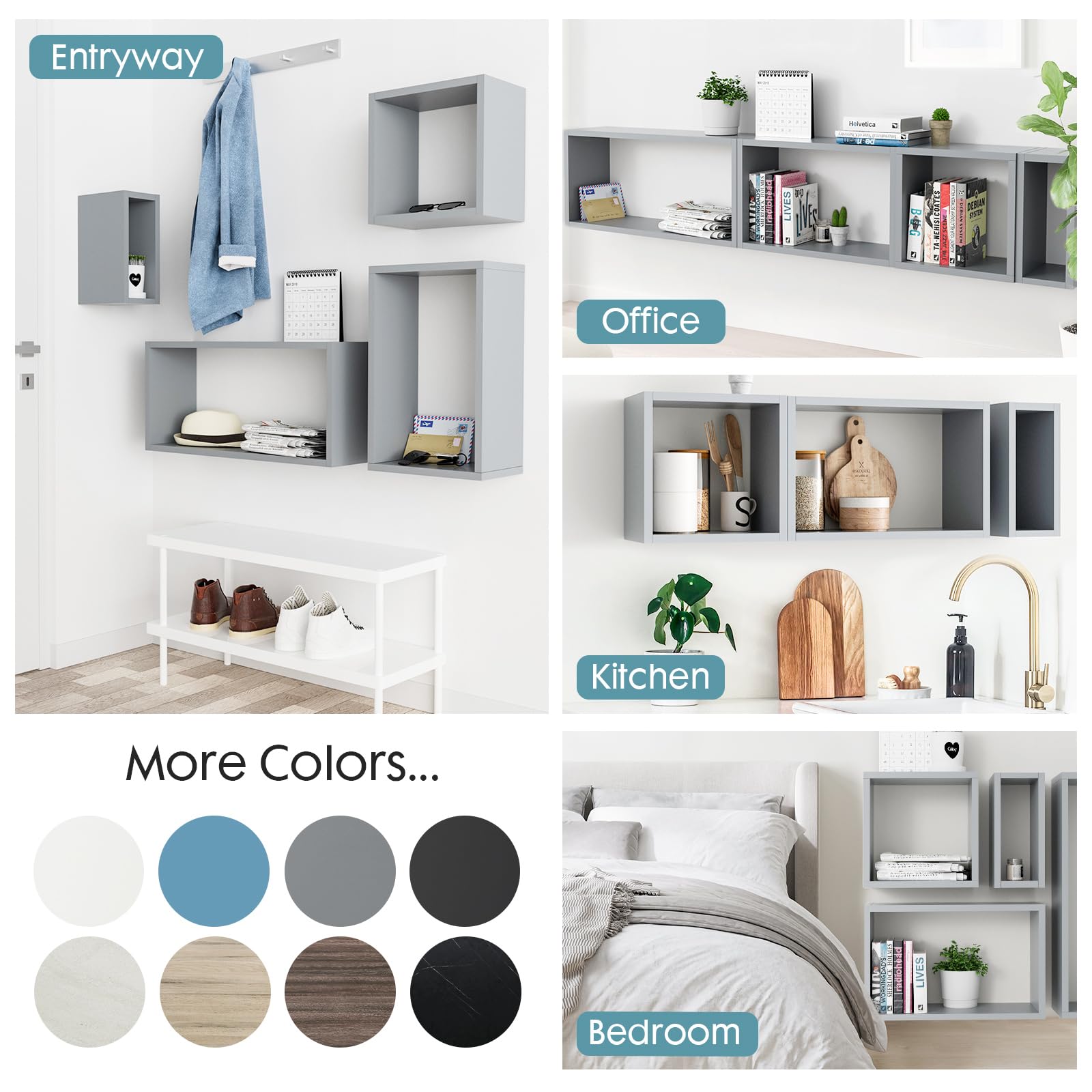 Kaboon 4-Pack Floating Cube Wall Shelves Set - Large Grey Modern Storage Shelves for Home & Office | Perfect for Living Room, Bedroom, Kitchen & Commercial Spaces
