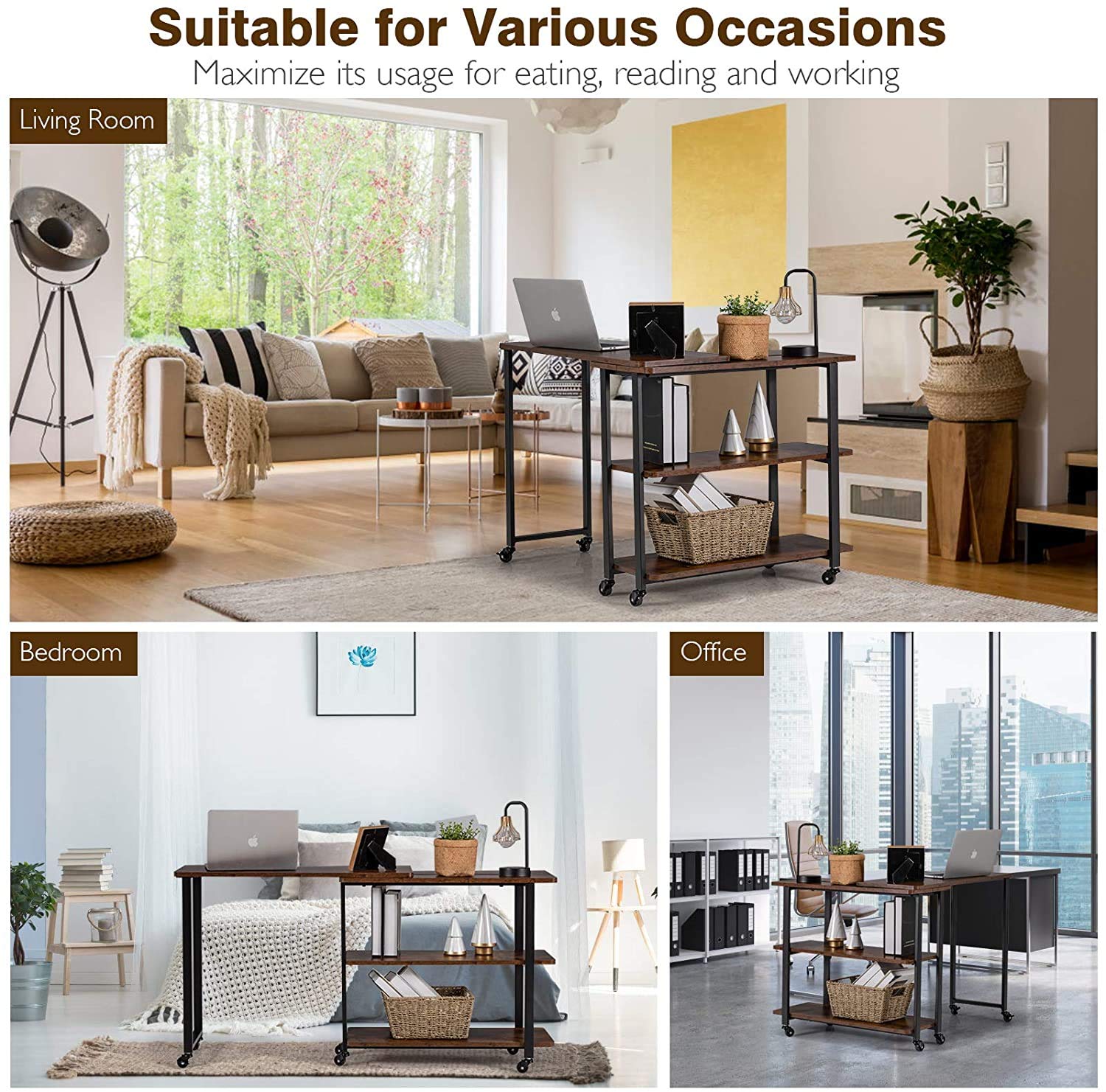 FANTASK 360° Rotating Side Table with Wheels - Patented Flexible Wood Movable End Table with 2-Tier Shelves - Space Saving Coffee Table for Living Room, Office, Bedroom - Rustic Brown - Perfect for Small Spaces, TV Snacks, and Reading Nooks
