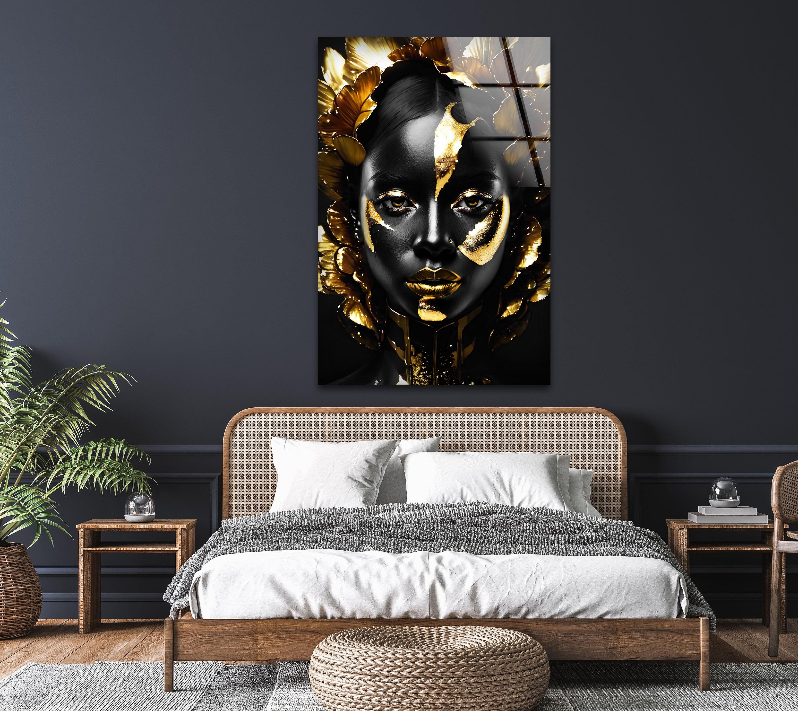 Elegant Black Woman Gold Face Glass Wall Art - Modern Home Decor for Living Room, Bedroom & Office