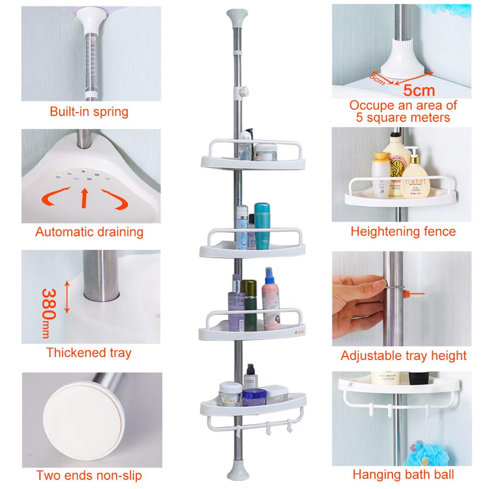 Hershii 4-Tier Adjustable Tension Pole Shower Caddy - Stainless Steel Bathroom Corner Storage Shelf Organizer for Shampoo, Conditioner & Toiletries - Perfect for Small Bathrooms & Apartment Showers (Ivory)