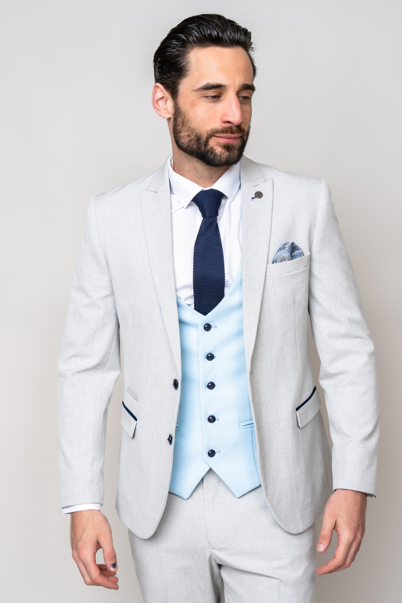 BROMLEY Stone Check Suit with Kelvin Sky Waistcoat - Premium Men's Formal Wear for Business Meetings & Wedding Attire