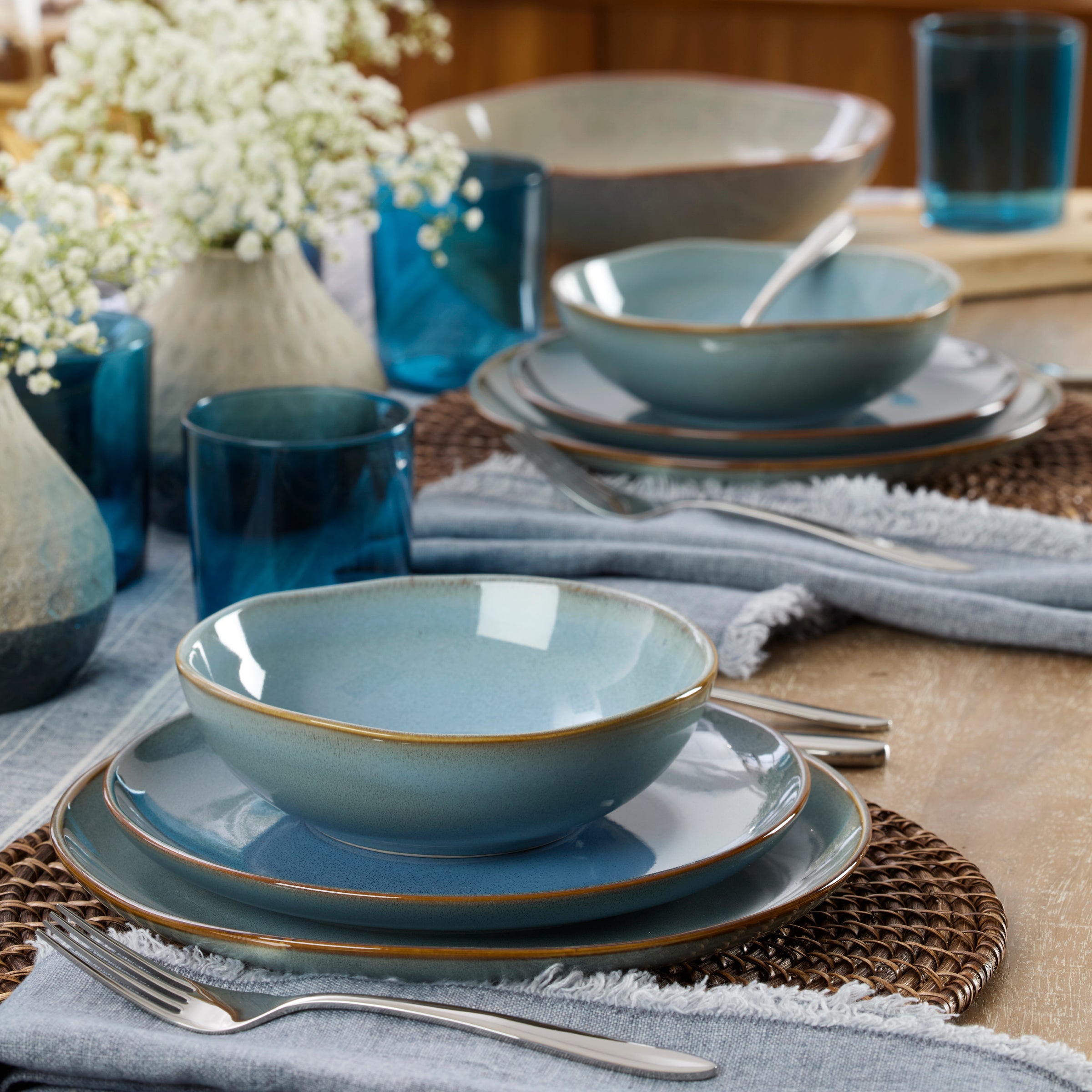 Premium Organic Shades Blue 12-Piece Dinnerware Set - Elegant Stoneware Plates, Bowls & Mugs - Perfect for Family Dinners, Entertaining & Everyday Use