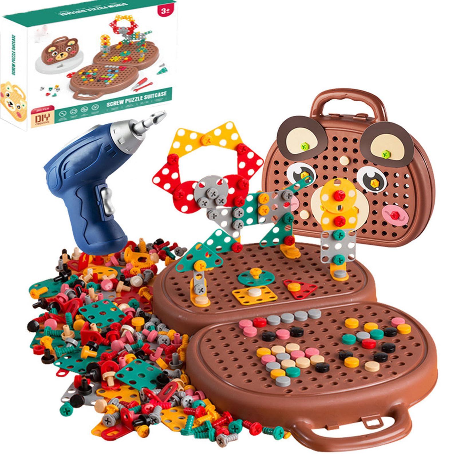 2024 Montessori Magic Play Toolbox with Electric Drill & Screwdriver Set - Creative Building Toys Kit for Kids Ages 3+ (Brown) | STEM Learning, Pretend Play & DIY Projects for Toddlers