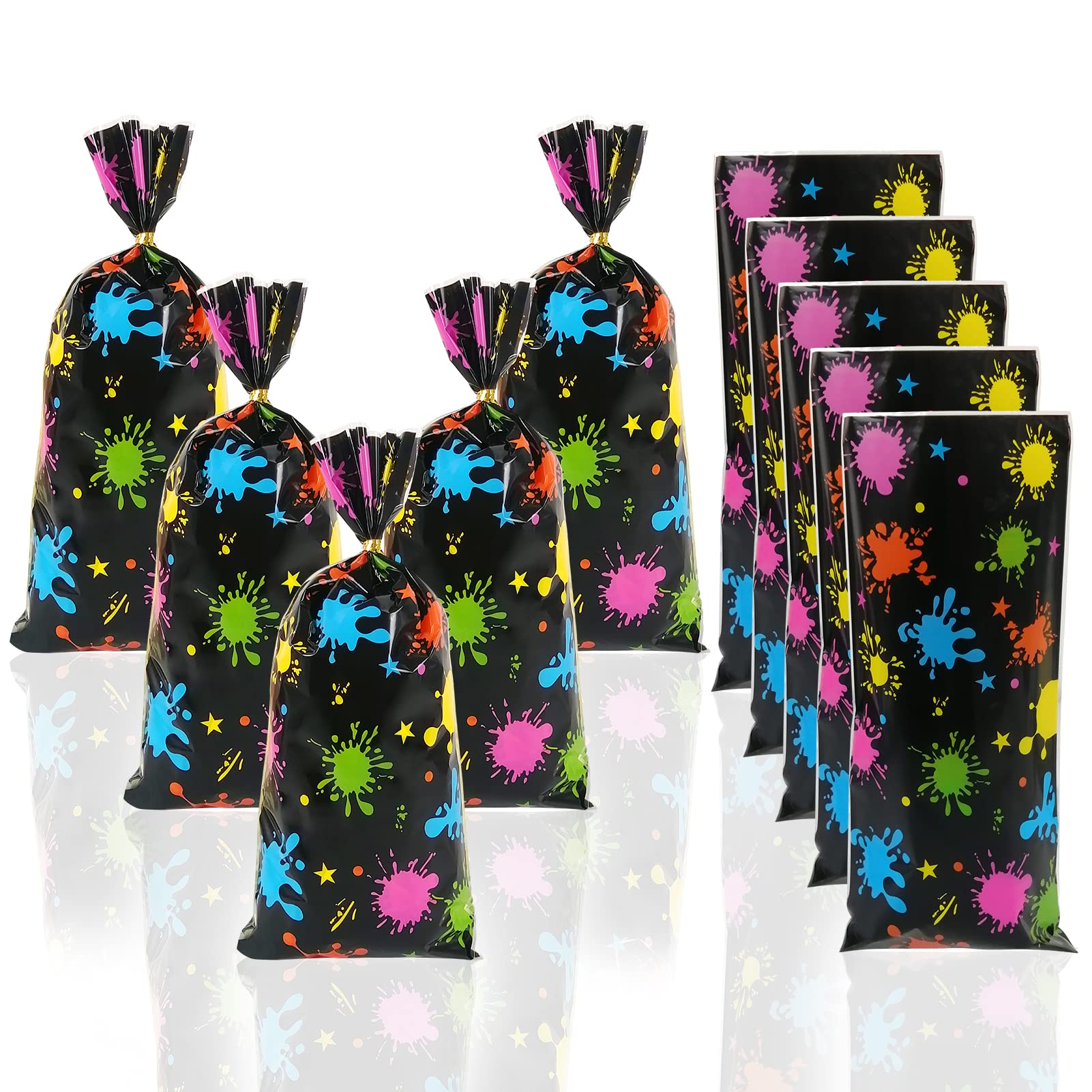 100 Pcs Neon Glow Party Favor Bags - Plastic Goodie Treat Bags with Twist Ties for 80s 90s Retro Birthday, Halloween & Rave Events - Perfect for Candy, Gifts & Glow-in-the-Dark Party Supplies