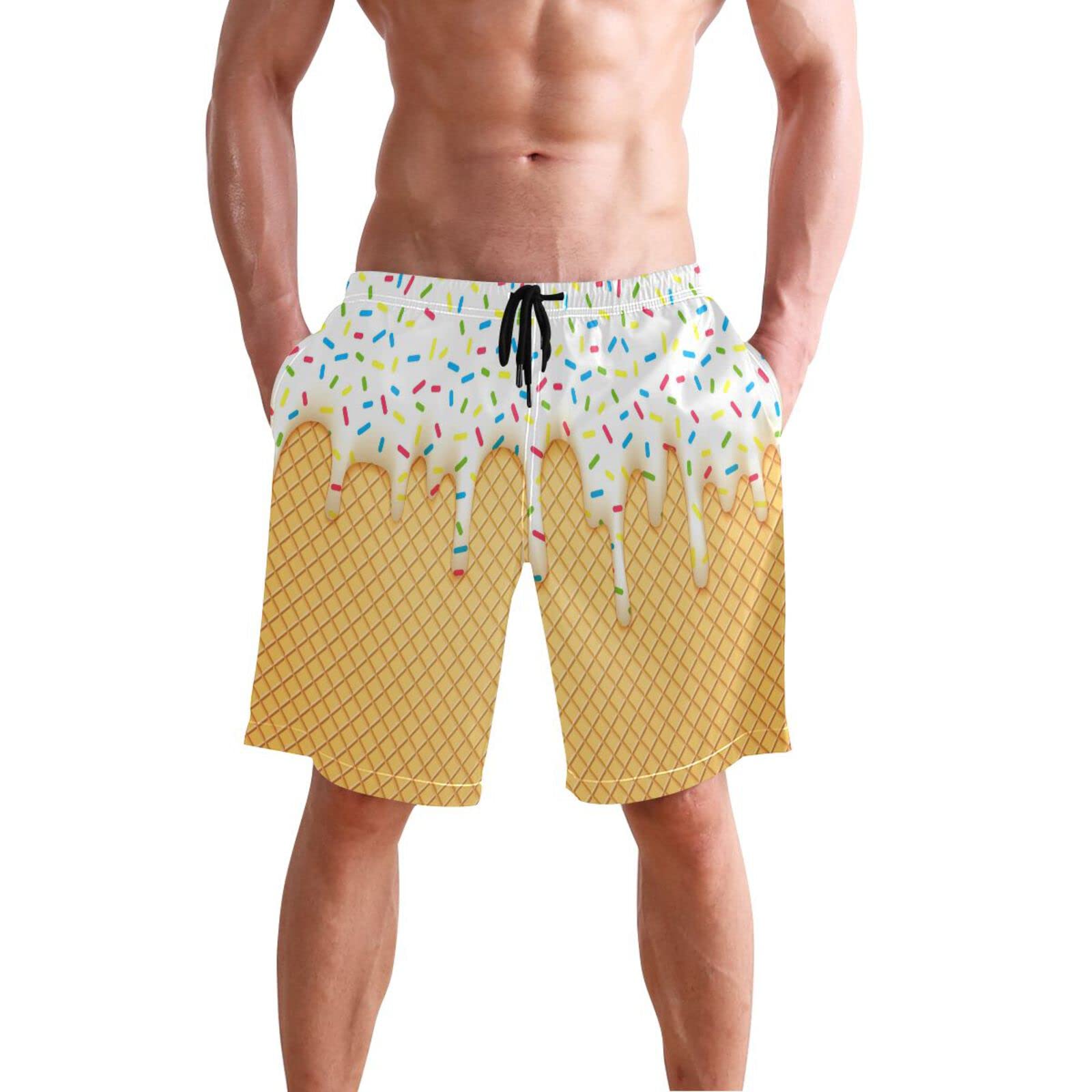 Men's Quick Dry Swim Trunks - Ice Cream Cone Print Summer Beach Shorts for Swimming & Bathing | Perfect for Pool, Beach & Vacation