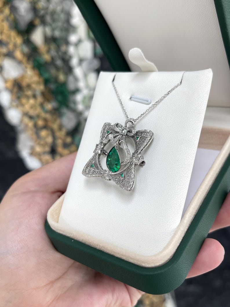 2.65tcw 14K Gold Colombian Emerald Pear Cut & Diamond Vintage Pendant Brooch - Elegant Jewelry for Weddings, Anniversaries & Special Occasions