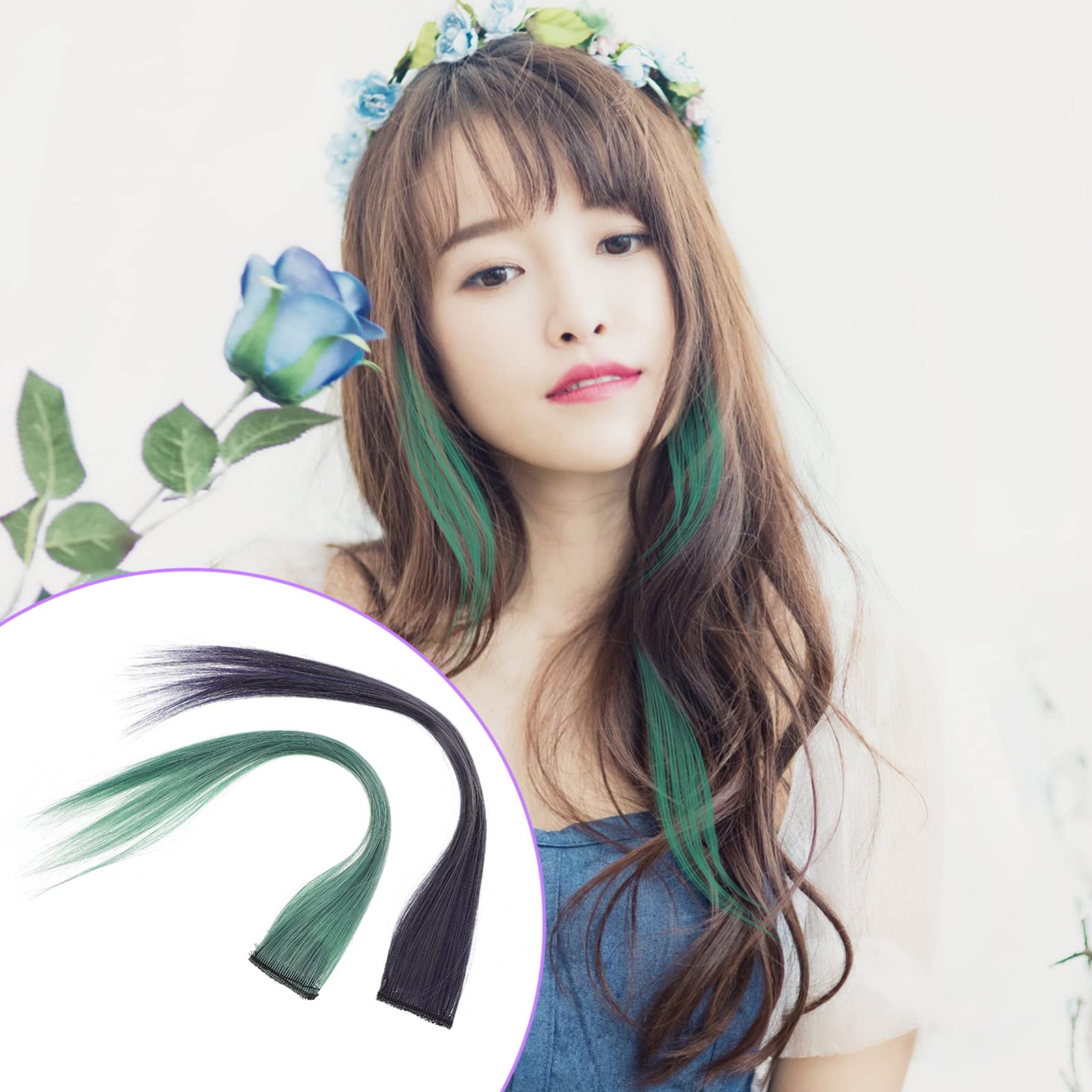 Beaupretty 4pcs Green Blue Short Straight Clip-in Hair Extensions - Seamless Invisible Synthetic Hairpiece for Women & Girls - Perfect for Cosplay, Daily Use & Costume Accessories