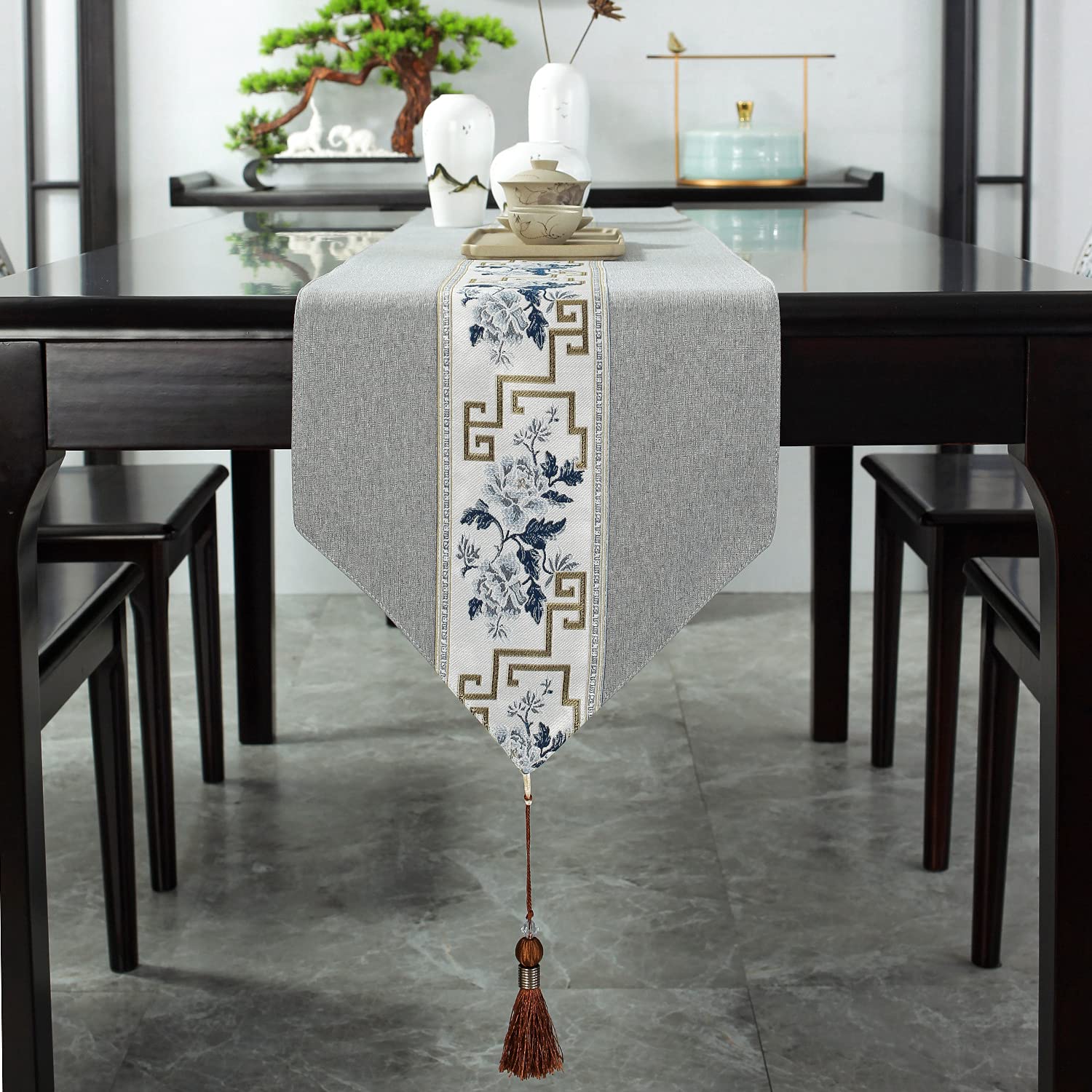 TAPBLAA Chinese Zen Tea Ceremony Table Runner - Light Gray 12x39 Inch - Elegant Tea Table Cloth for Coffee Tables, Dining Tables & Home Decor | Perfect for Tea Parties, Meditation Spaces & Asian-Inspired Interiors