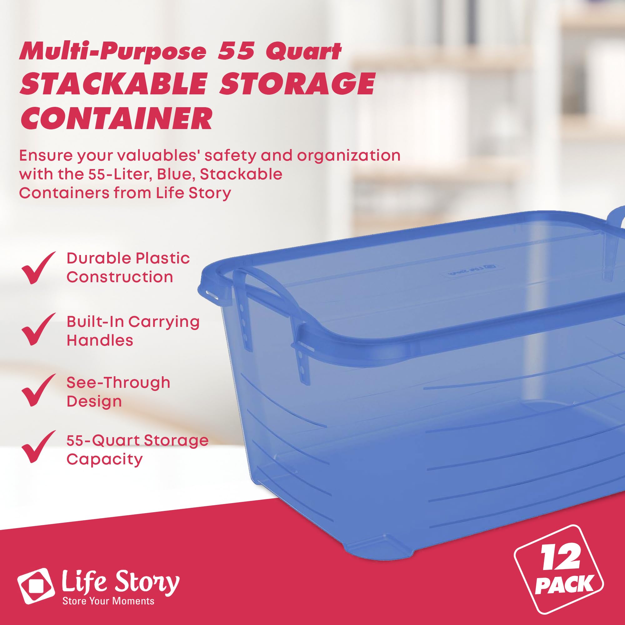 55 Quart Stackable Closet Storage Bins - 12 Pack Blue Organizer Boxes for Clothes, Shoes & Seasonal Items | Perfect for Bedroom, Closet & Garage Organization
