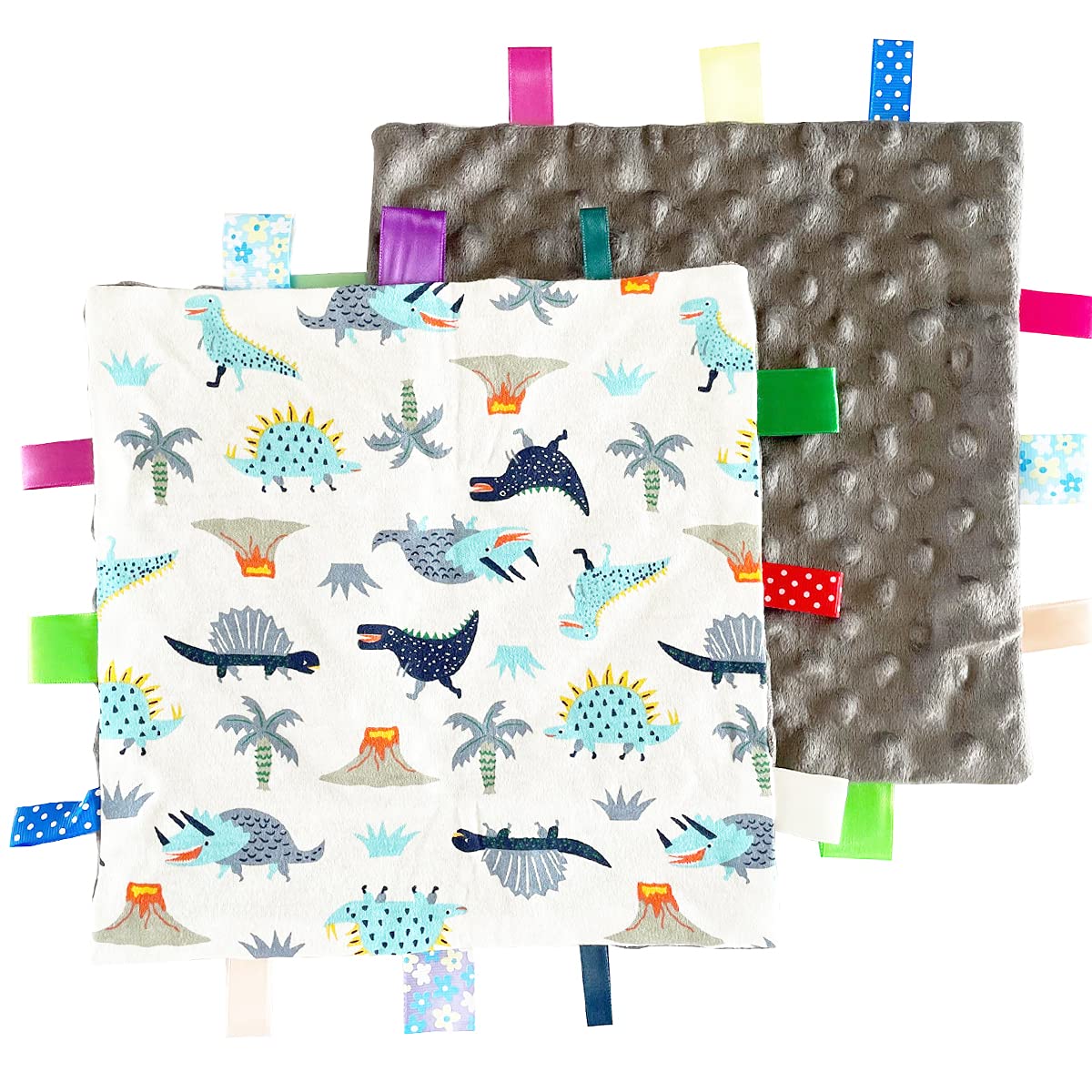 1 PC Grey Dinosaur Baby Tag Blanket - Soft Security Blanket with Cute Tags for Toddlers & Kids (9.84x9.84inch) - Perfect for Nursery, Travel, and Soothing Comfort Gift