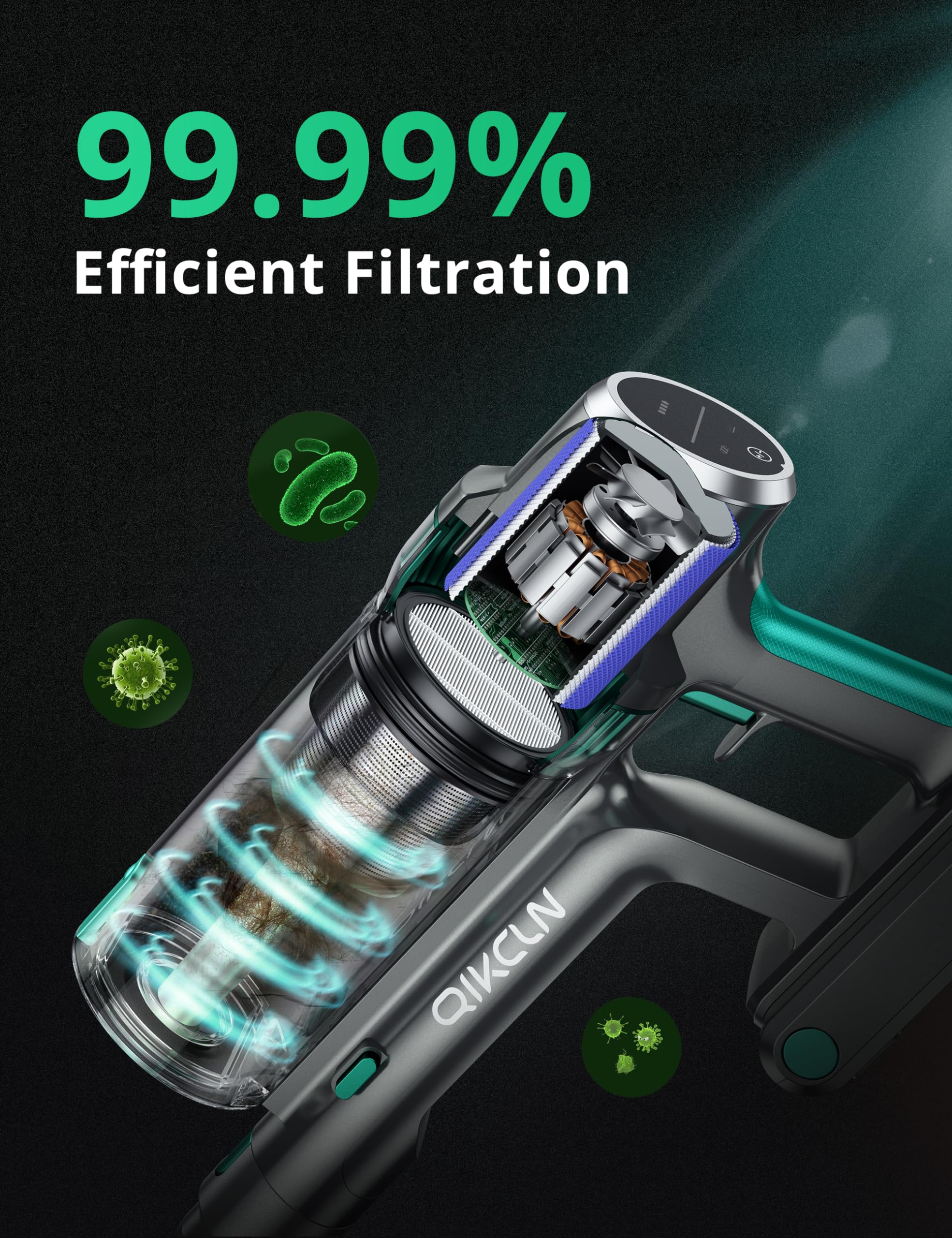 Powerful Cordless Stick Vacuum Cleaner - 250W 30Kpa Suction, 90000 RPM Motor, LED Display, 3 Cleaning Modes, 40 Min Runtime - Rechargeable Handheld Vacuum for Pet Hair, Hardwood Floors & Carpets (Green) | Perfect for Quick Cleanups & Deep Cleaning in Homes with Pets