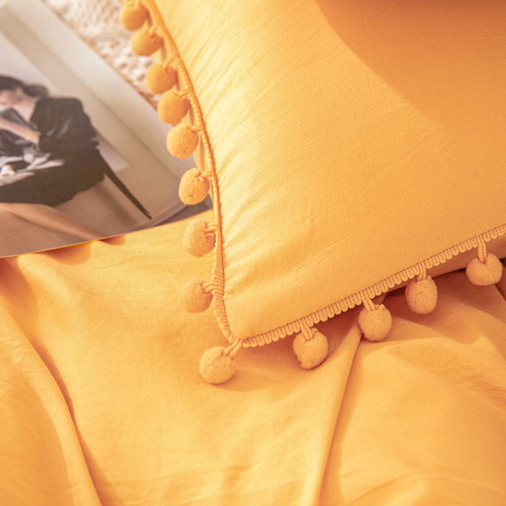 Soft Washed Microfiber Boho Pillowcases Set of 2 - Queen Size Yellow Pillow Covers with Pom Pom Trim for Girls & Women | Perfect for Bedroom Decor, Boho Chic Home Styling and Cozy Living Room Accents