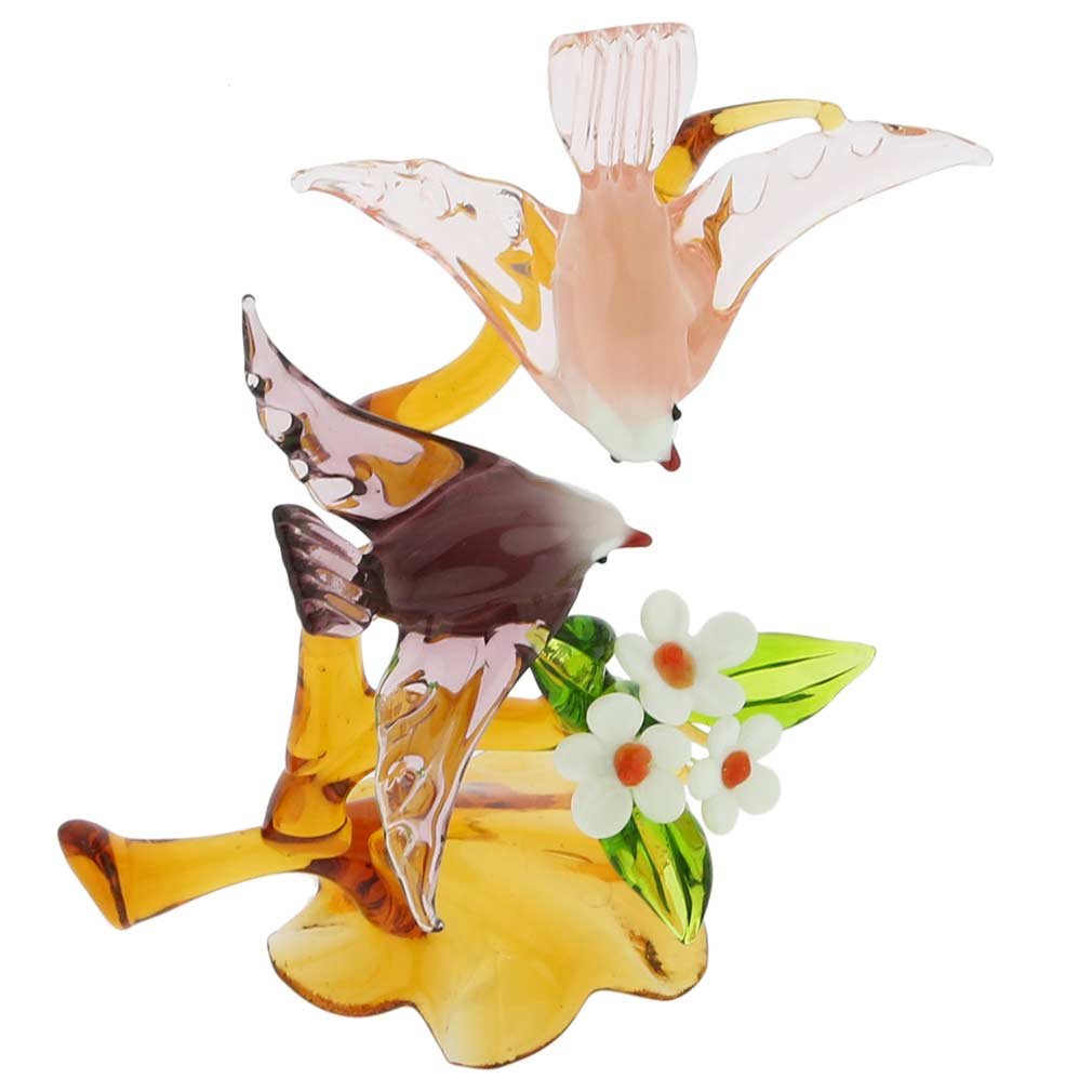 Handmade Murano Glass Birds on Tree with Flower Decor - Purple & Pink Art Piece | Elegant Home Decor, Wedding Centerpiece, Gift Idea