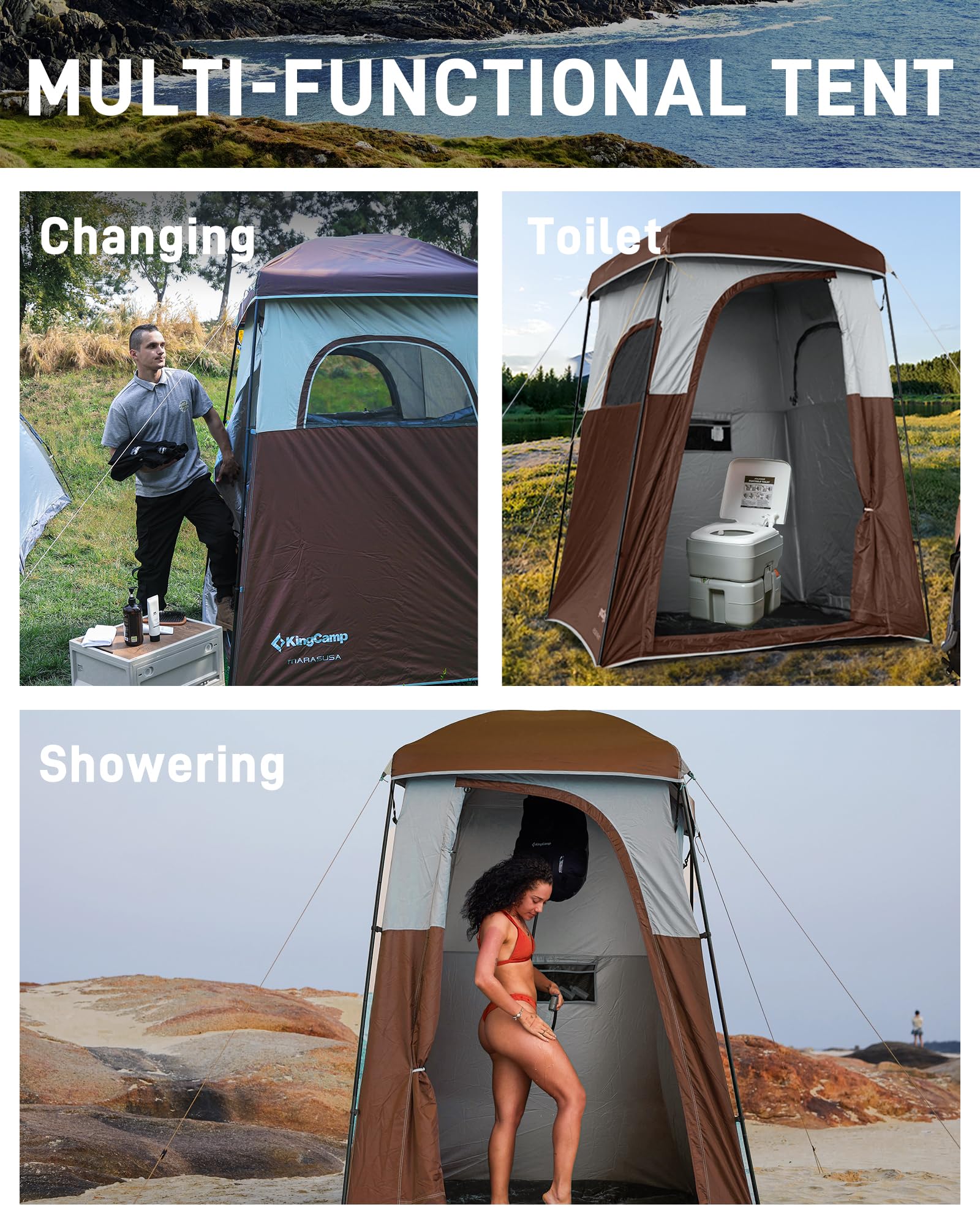 KingCamp Luxury Camping Shower Tent with Shower Bag - Privacy Shelter for Outdoor Bathing | 1-Room & 2-Room Toilet Tent Options | Perfect for Camping, Hiking, Beach Trips & RV Adventures