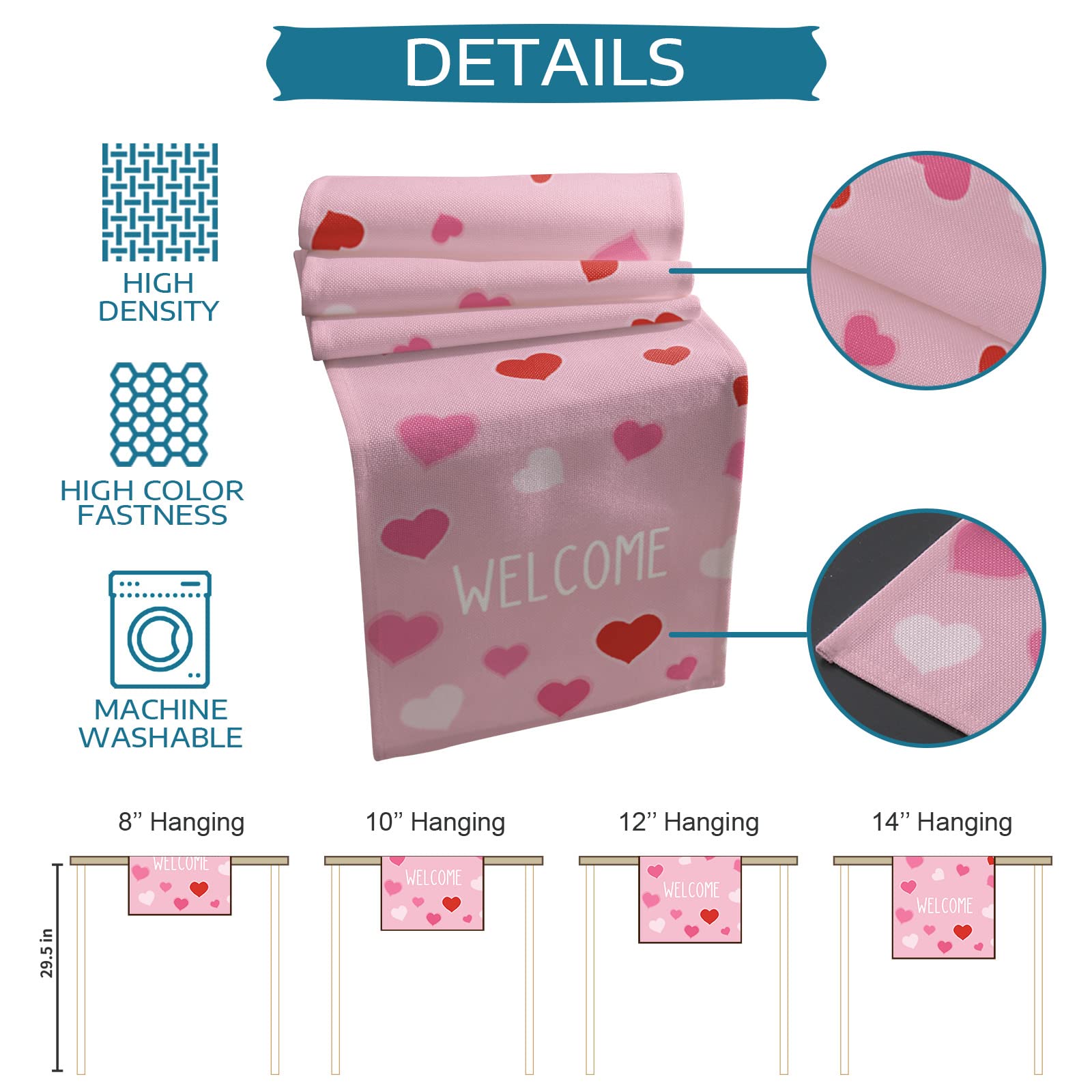Valentine's Day Table Runner - Red & Pink Heart Design, 13x108 Inch Rectangle Dining Table Scarf for Kitchen, Wedding, Party, Holiday & Outdoor Decor - Perfect for Romantic Dinners & Special Occasions