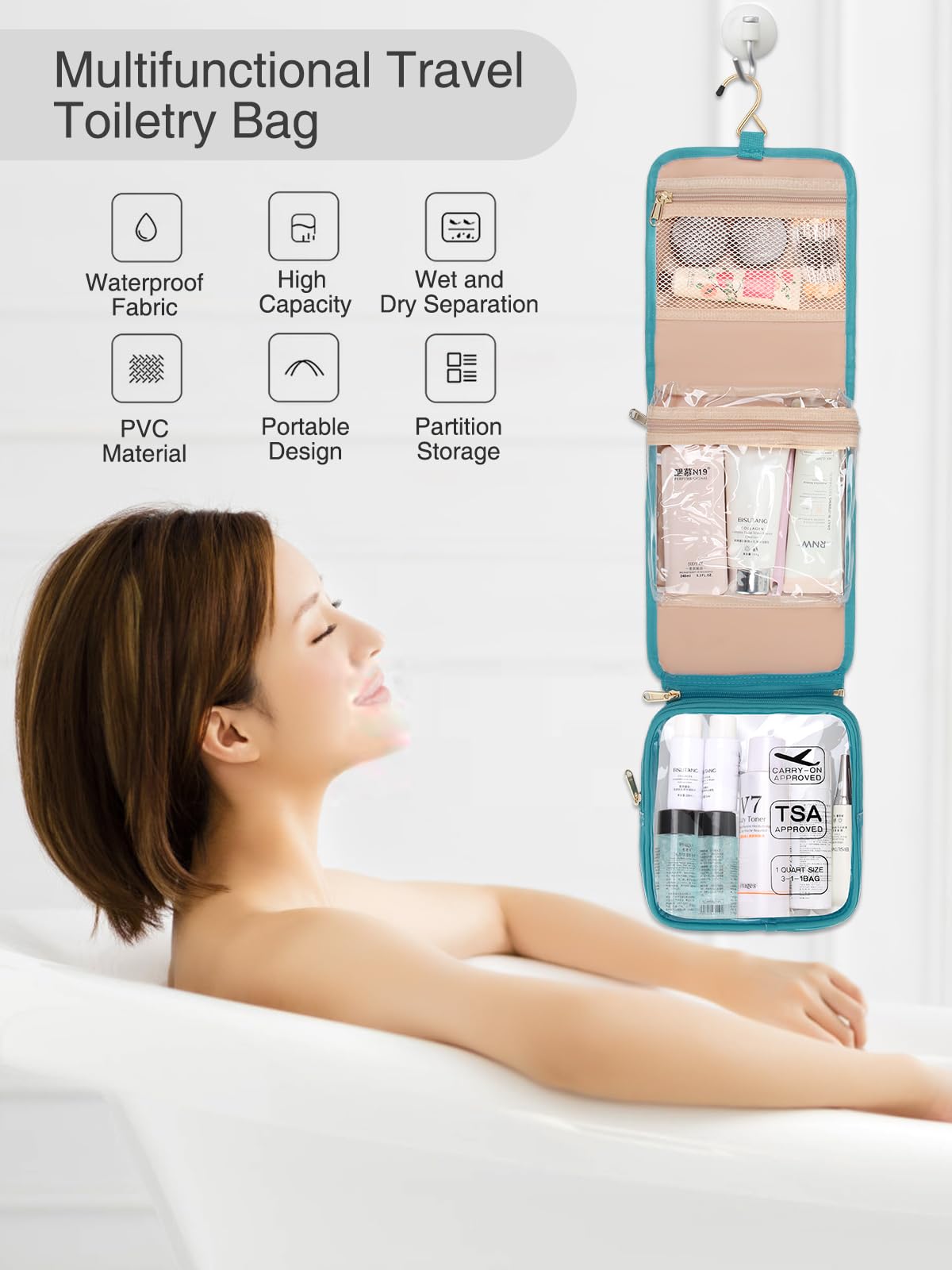 TSA Approved Hanging Toiletry Bag for Women - Water Resistant Travel Cosmetic Organizer with Multiple Pockets for Makeup, Jewelry & Essentials | Perfect for Air Travel, Camping & Business Trips