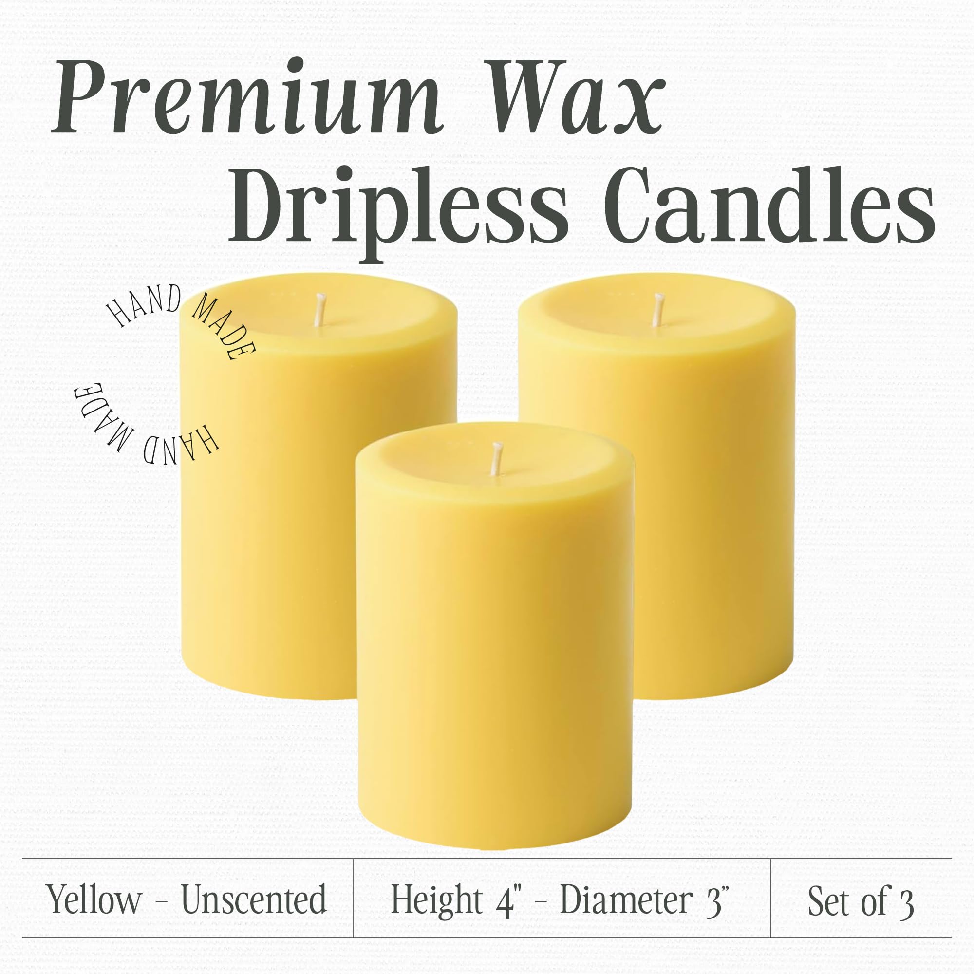 Premium Unscented Dripless Pillar Candles Set of 3 - 4x3 Inch Hand-Poured Yellow Candles for Home Decor, Weddings & Relaxation - 60 Hour Burn Time, Natural Soy Wax - Perfect for Centerpieces, Meditation & Romantic Ambiance
