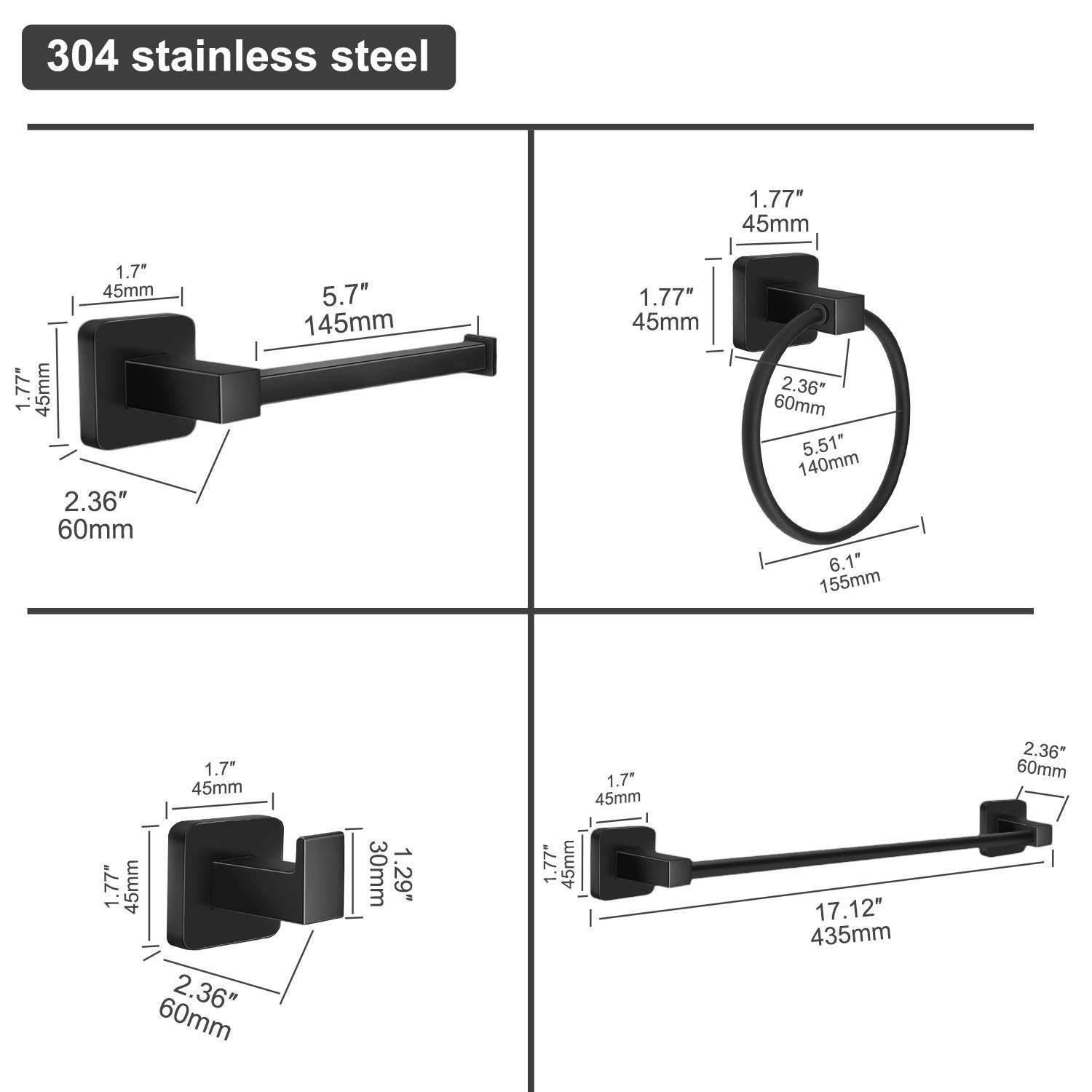 Matte Black Bathroom Hardware Set - 4 Piece Towel Bar Set with 17