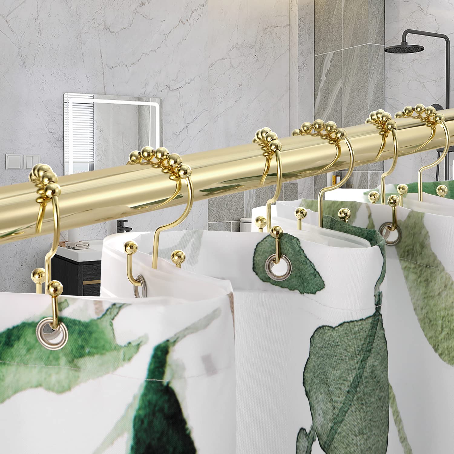 TENOVEL 12-Pack Gold Stainless Steel Shower Curtain Hooks - Double Sided Rust-Proof Bathroom Hangers for Shower Rods & Curtains - Durable Decorative Hooks for Bathroom, RV & Dorm Use