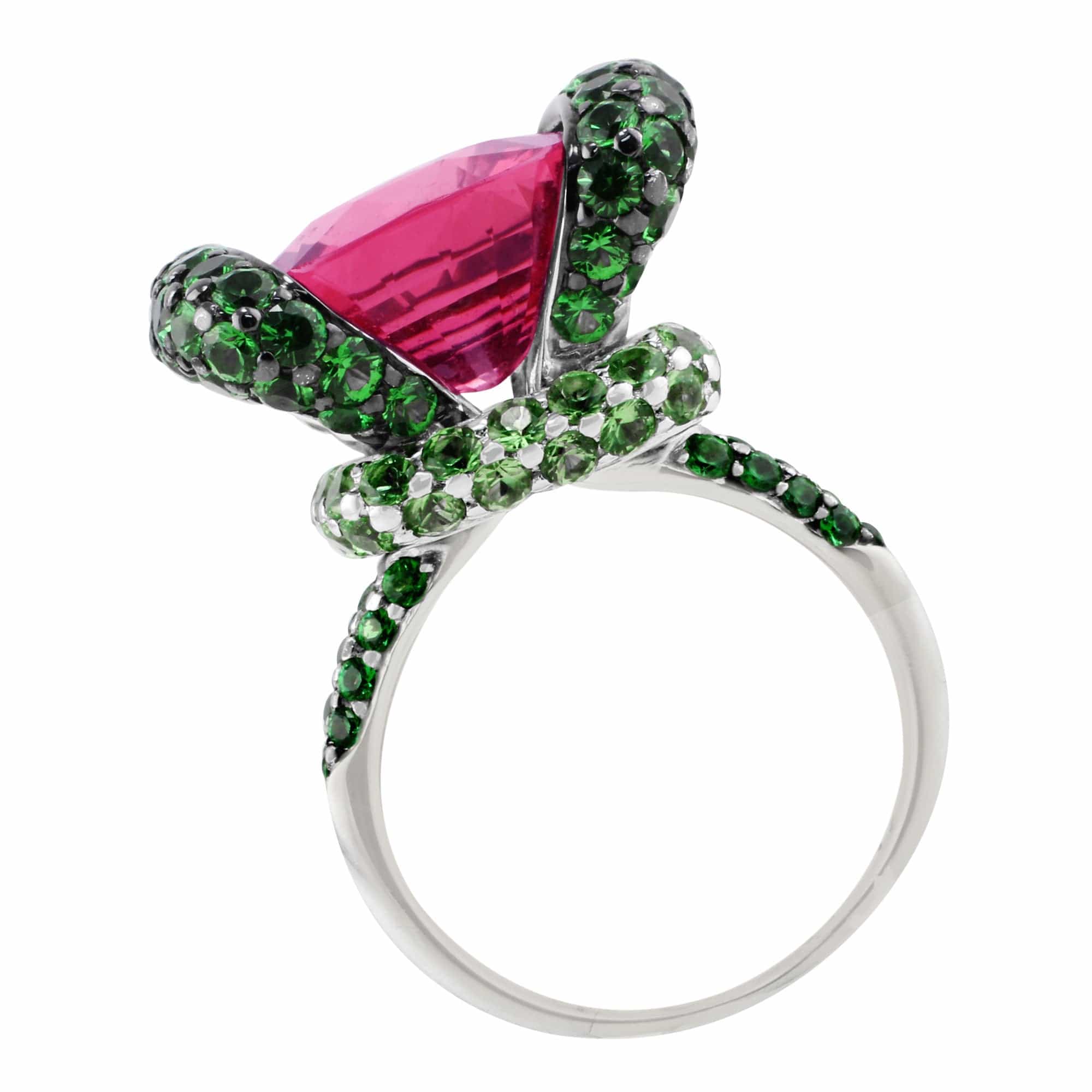18K White Gold 10 Carat Pink Tourmaline and Green Tsavorite Gemstone Ring - Elegant Jewelry for Weddings, Anniversaries & Special Occasions