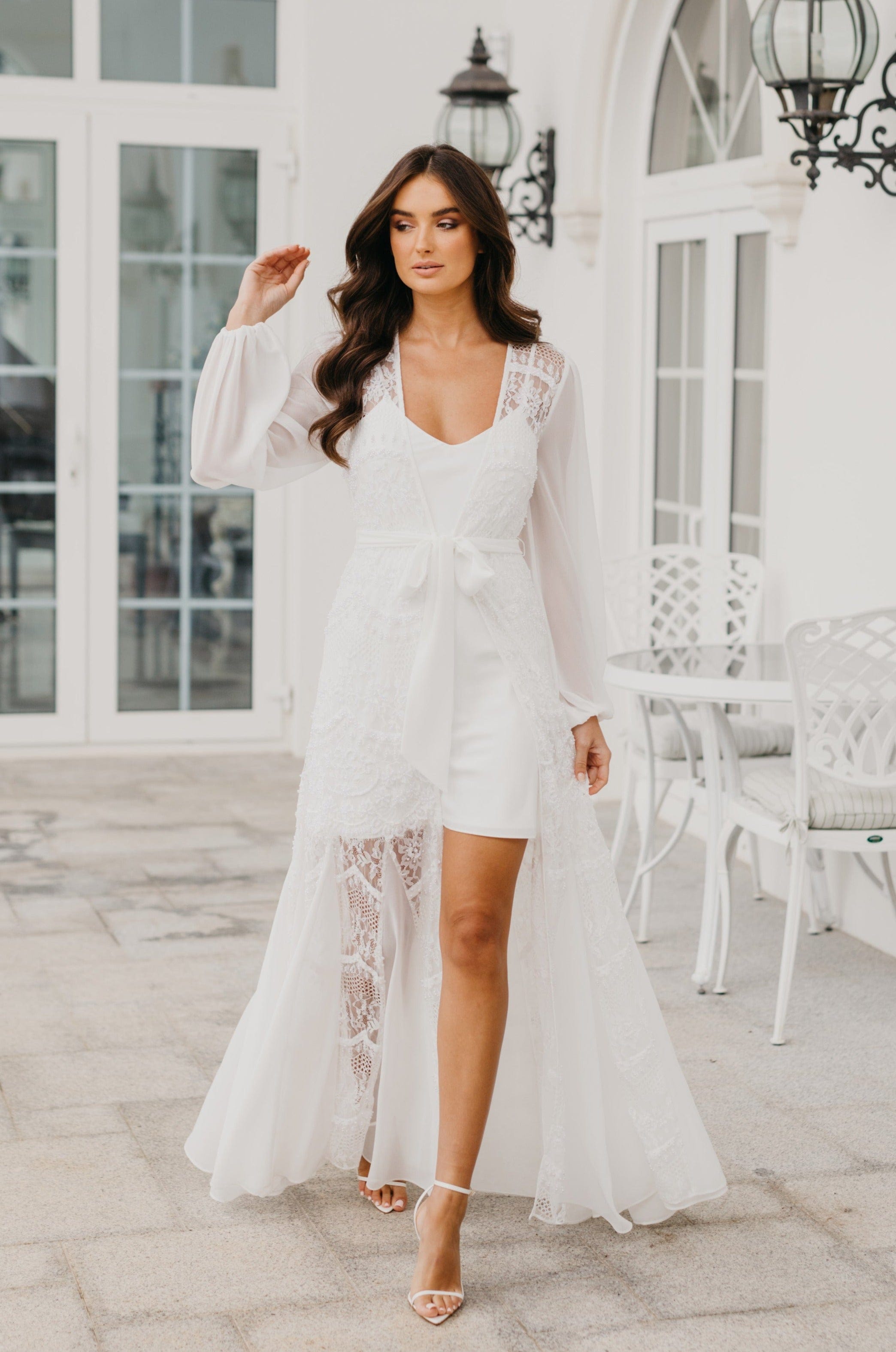 Elegant Hand-Beaded Pearl Maxi Bridal Robe with Slip - Perfect for Wedding, Bridal Shower & Honeymoon Getaway
