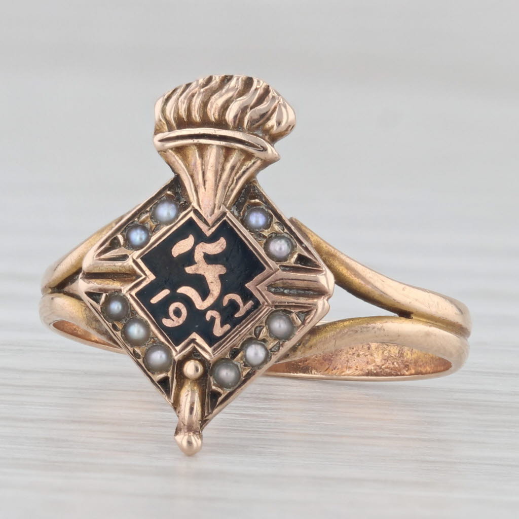 Vintage 1922 Art Deco Class Ring - 10k Yellow Gold with Pearls & Enamel Torch Signet Design - Perfect for Collectors, Gifts & Special Occasions