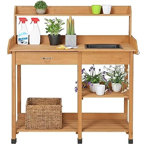 Outdoor Garden Potting Bench with Metal Tabletop, Cabinet Drawer & Open Shelf - Natural Wood Planting Workstation for Gardening, DIY Projects & Outdoor Organizing