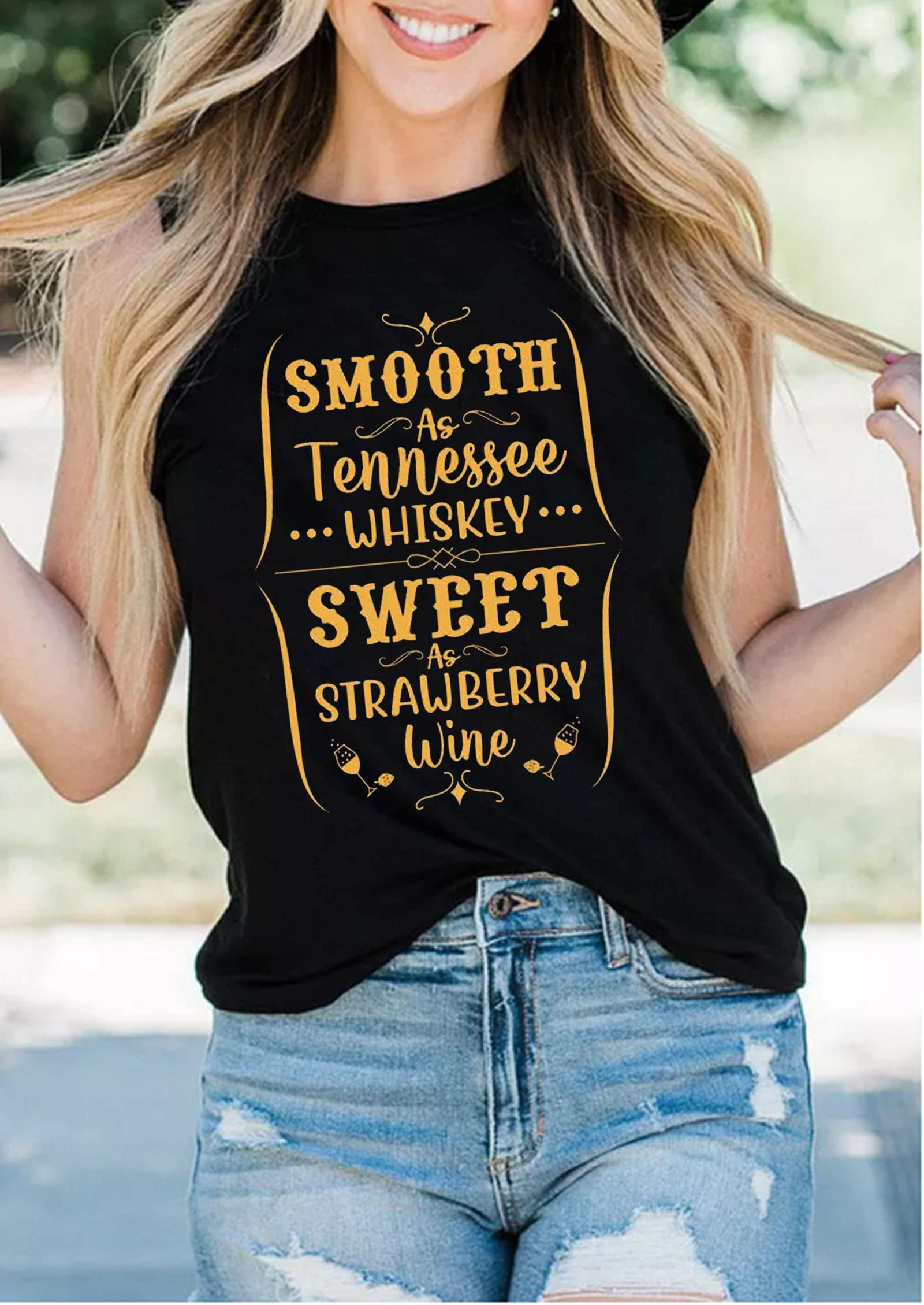 Women's Smooth Tennessee Whiskey & Sweet Strawberry Wine Graphic Tank Tops - Casual Sleeveless Shirt for Summer, Bar Hopping, Music Festivals & Outdoor Activities