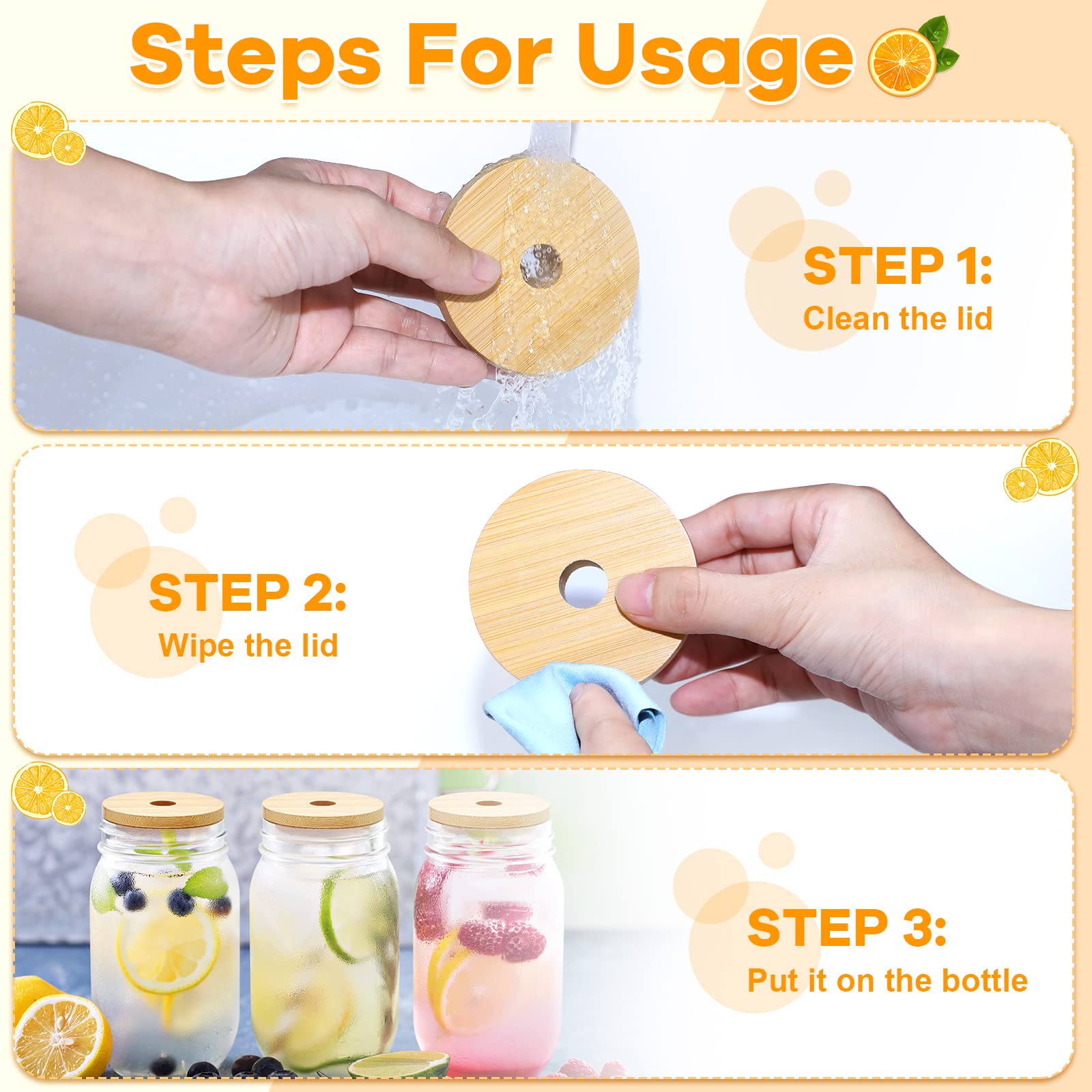 100-Pack 70mm Reusable Bamboo Jar Lids with Straw Hole & Silicone Ring - 2.76