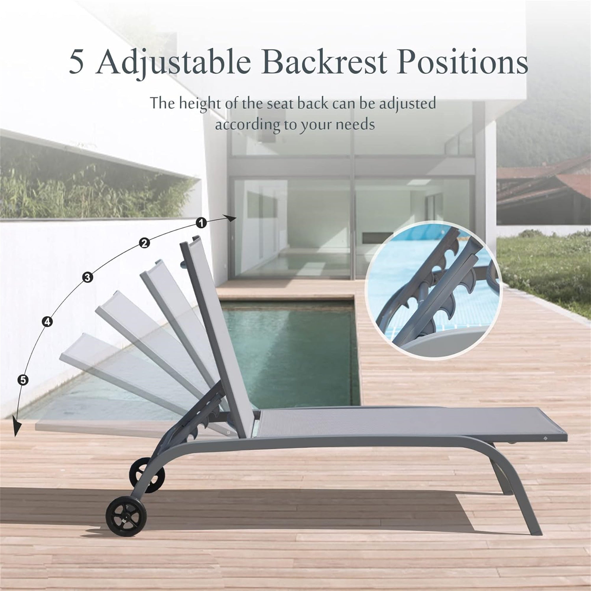 Premium Outdoor Chaise Lounge Set of 2 - Adjustable Patio Chairs with Wheels & 5-Position Recline for Poolside, Beach, Deck & Backyard Relaxation (Grey) - Perfect for Sunbathing, Lounging by the Pool & Outdoor Leisure Time