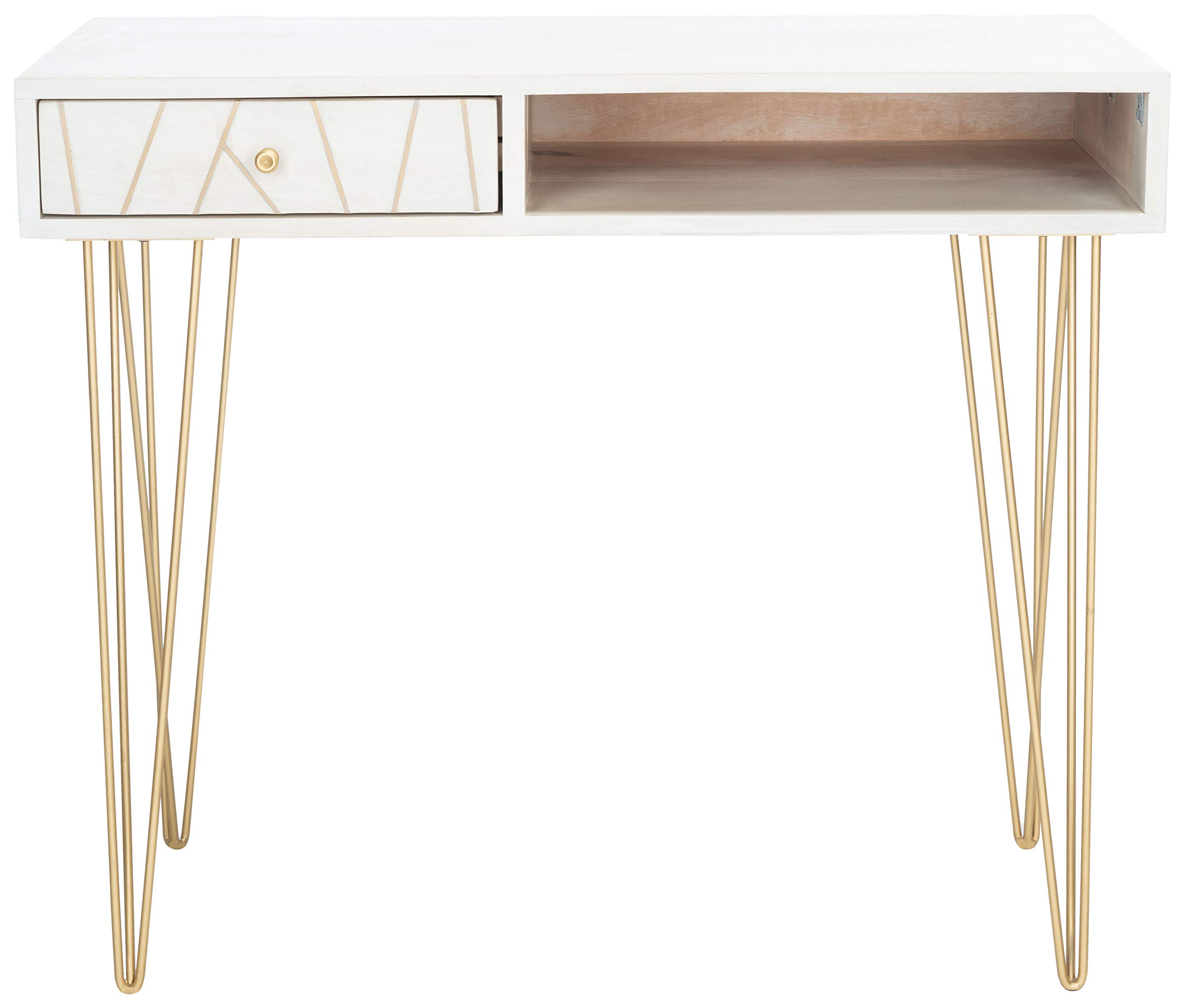 SAFAVIEH Home Office Collection Marigold White Wash & Brass 1-Drawer Hairpin Leg Desk - Modern Writing Desk for Small Spaces, Home Office & Study Room