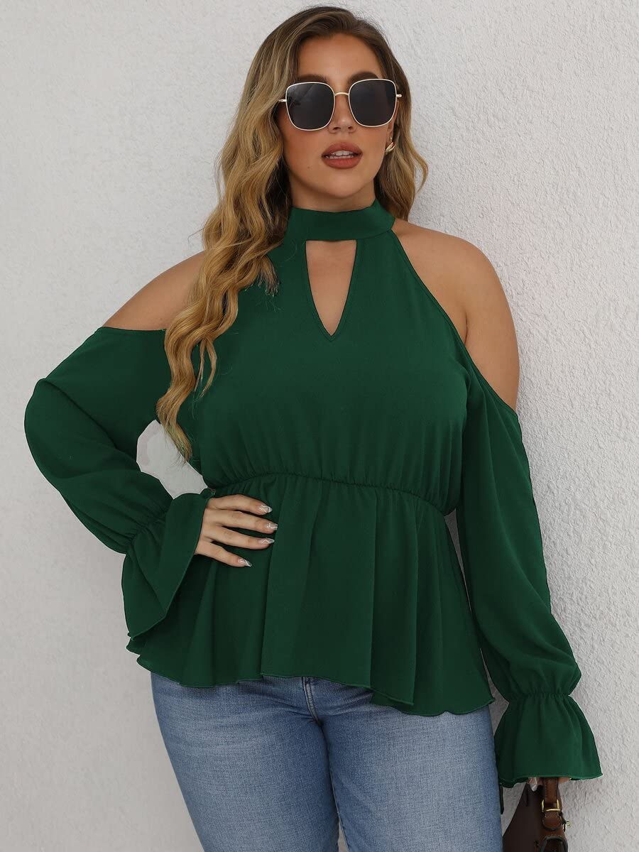 TINMIIR Women's Plus Size Keyhole Neck Cut Out Flounce Sleeve Peplum Blouse - Green 0XL | Elegant Casual Top for Office, Date Night & Spring Outfits