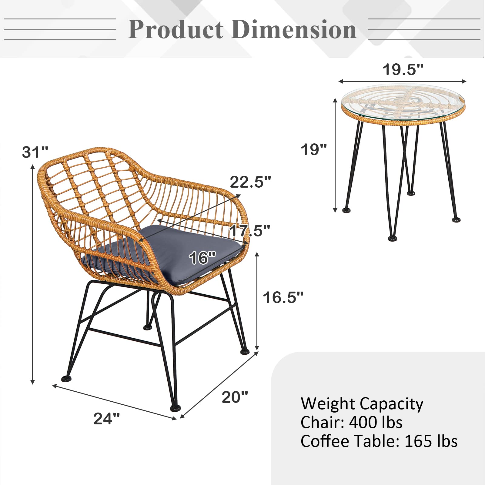 Tangkula 3-Piece Patio Bistro Set - Rattan Wicker Conversation Set with 2 Cushioned Armchairs & Round Glass Coffee Table - Indoor/Outdoor Furniture for Balcony, Backyard, Garden, Poolside - Perfect for Relaxing, Entertaining & Outdoor Dining