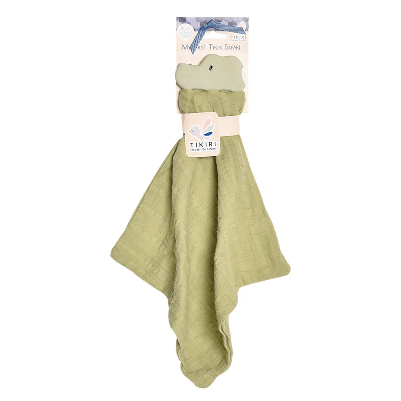 Tikiri Natural Rubber Crocodile Teether for Babies with Organic Sage Green Muslin Comforter - Soothing Teething Toy for Infants & Toddlers, Perfect for On-the-Go Comfort and Playtime