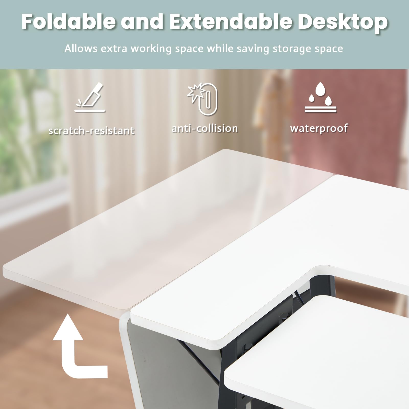 MELLCOM Folding Sewing Table with Adjustable Shelf & Side Pocket - Multi-Purpose Craft Table for Sewing Machines, Hobby Work & Computer Use - Compact White Workstation for Home Office & Craft Room