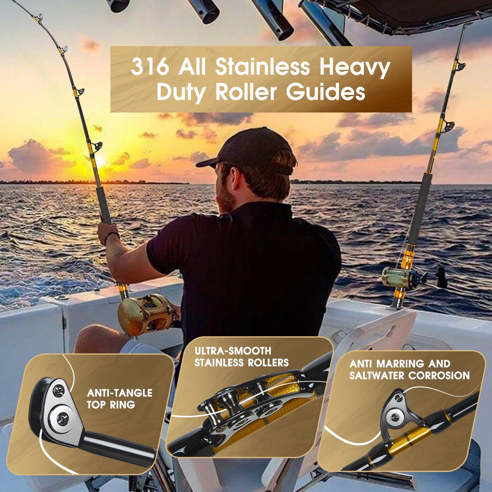 **Heavy Duty Offshore Trolling Rod - Saltwater Big Game Fishing Rod with Roller Guides - Perfect for Deep Sea Boat Fishing & Sportfishing**