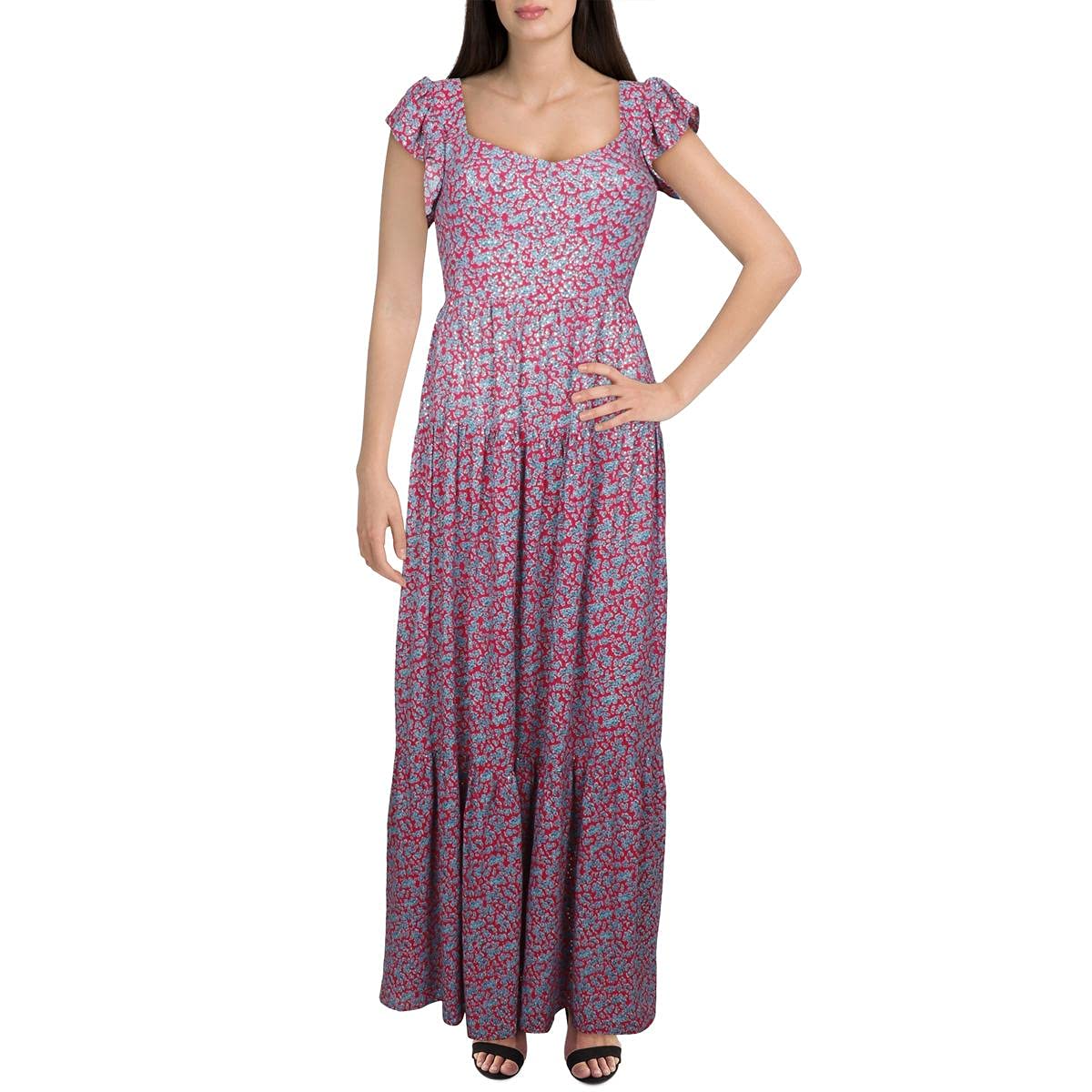 Sabina Musayev Women's Metallic Print Maxi Dress - Elegant Pink Long Sleeve Flowy Gown for Evening Parties, Weddings & Special Occasions