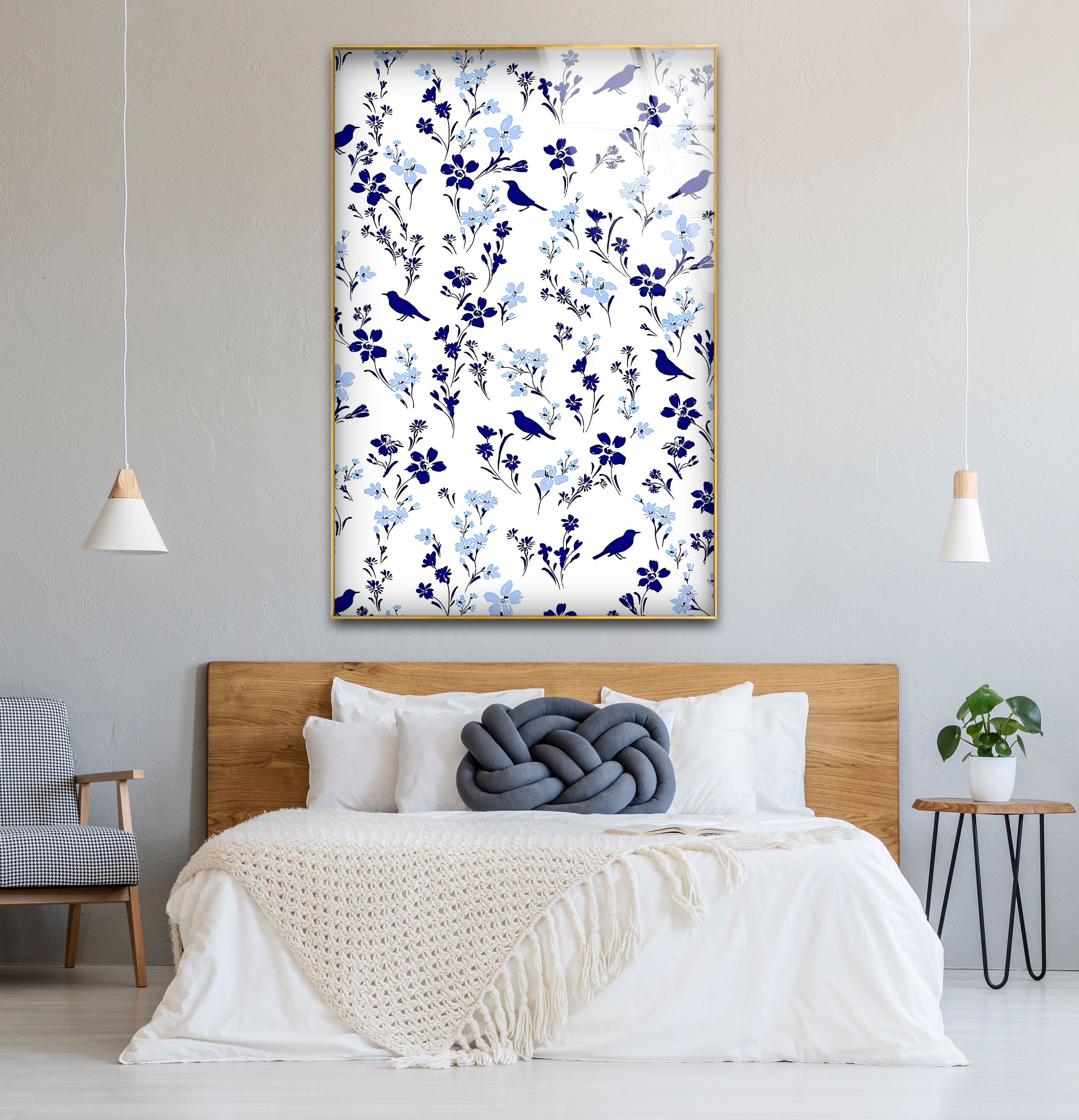 Blue Bird and Wildflower Wall Art Print - Elegant Floral Glass Decor for Nature Lovers | Perfect for Living Room, Bedroom & Office Decor